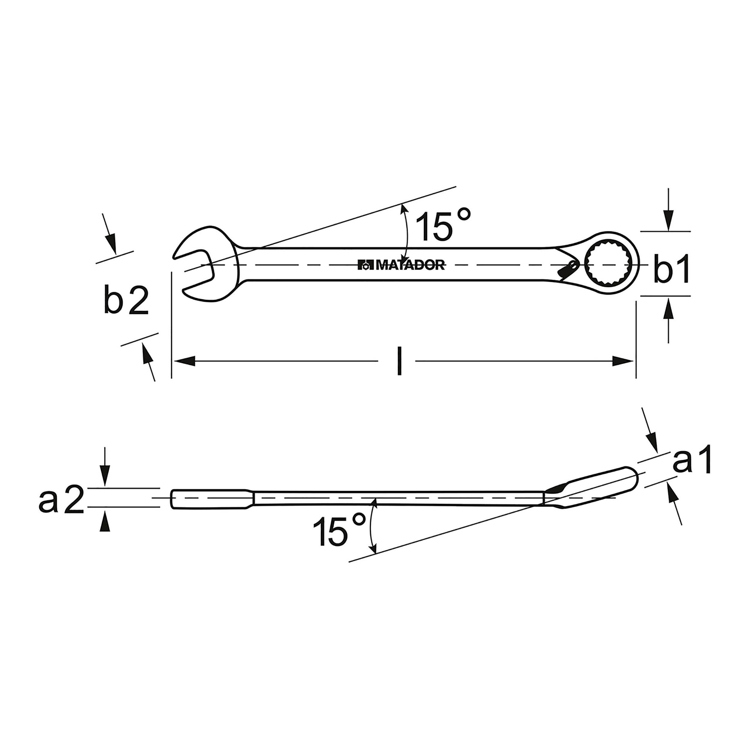 "Podwójny klucz z kątami 15° na obu końcach, jeden do mocowania otwartego, drugi do mocowania pierścieniowego, oznaczony napisem „MATADOR"."