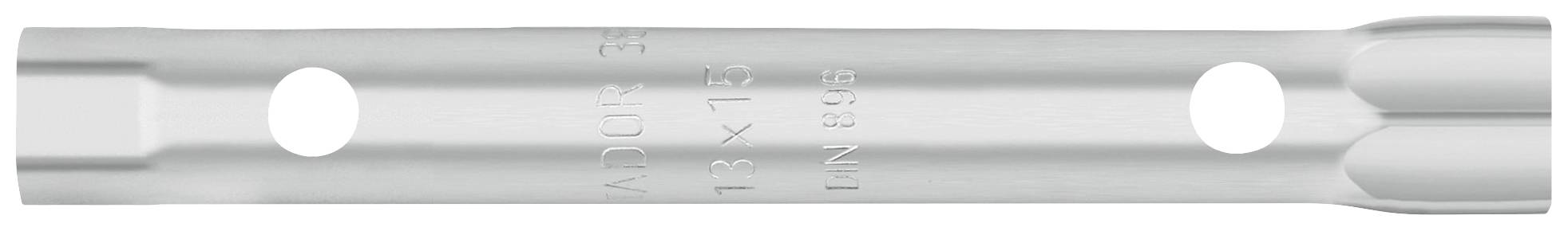Cylindryczny klucz rurowy z dwiema sześciokątnymi otworami na końcach, odpowiedni do nakrętek i śrub; w kolorze srebrnym, metaliczny.