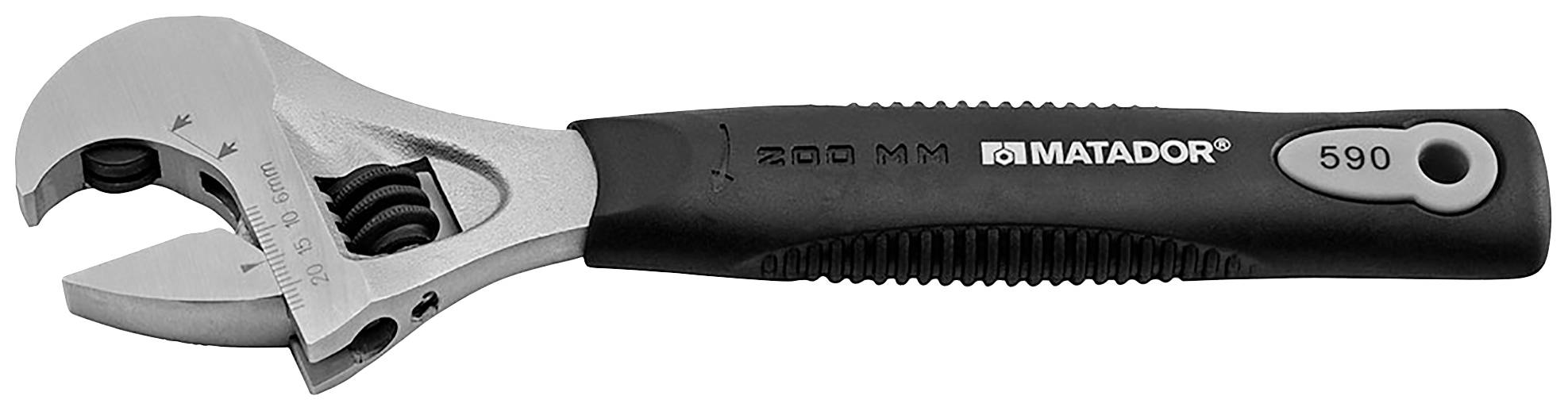 Regulowany klucz nastawny z metalu z czarną rękojeścią, na którym widnieje napis '200 MM MATADOR 590'.