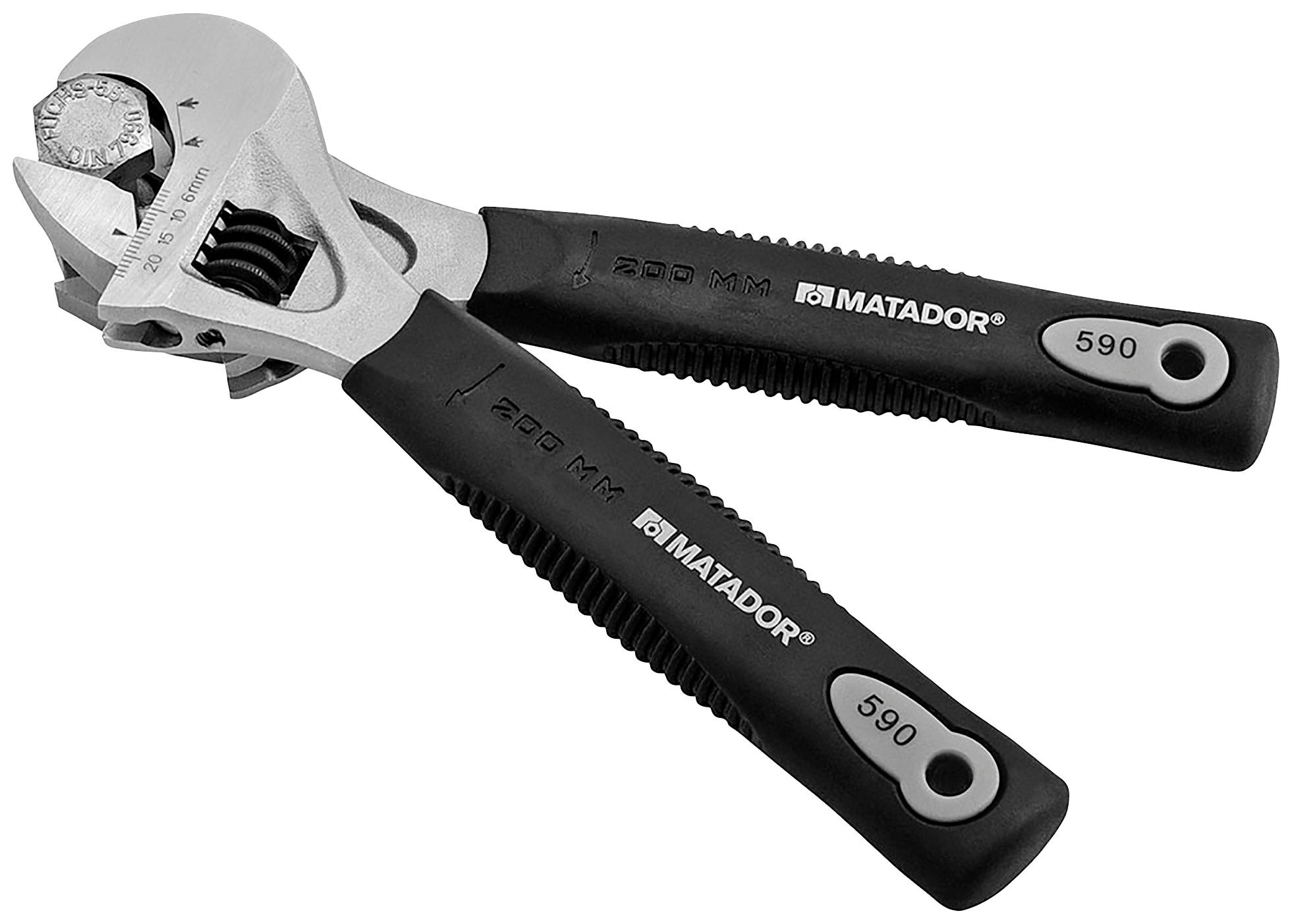 Szczypce z czarnymi uchwytami i stalową głowicą, oznaczone napisem 'MATADOR 200 MM 590'. Odpowiednie do zadań chwytnych i obrotowych.