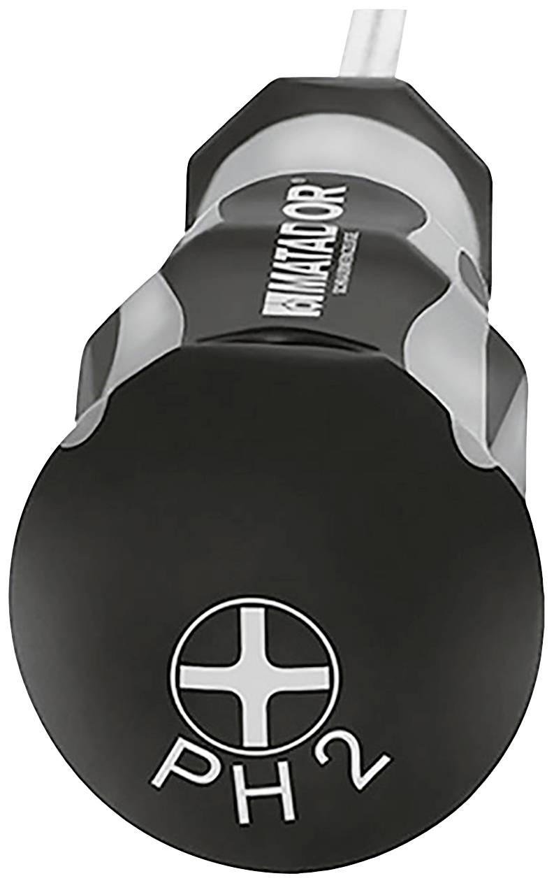 Główka wkrętaka PH2 z szarą rękojeścią. Nadruk 'PH2' wskazuje na rozmiar gniazda krzyżowego, odpowiedni dla odpowiednich śrub.