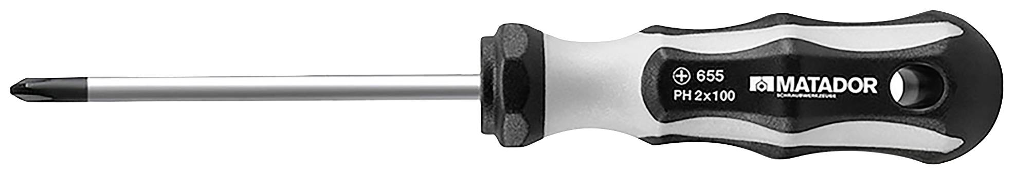 Wkrętak krzyżowy marki 'Matador' z czarną rękojeścią i srebrnym ostrzem.