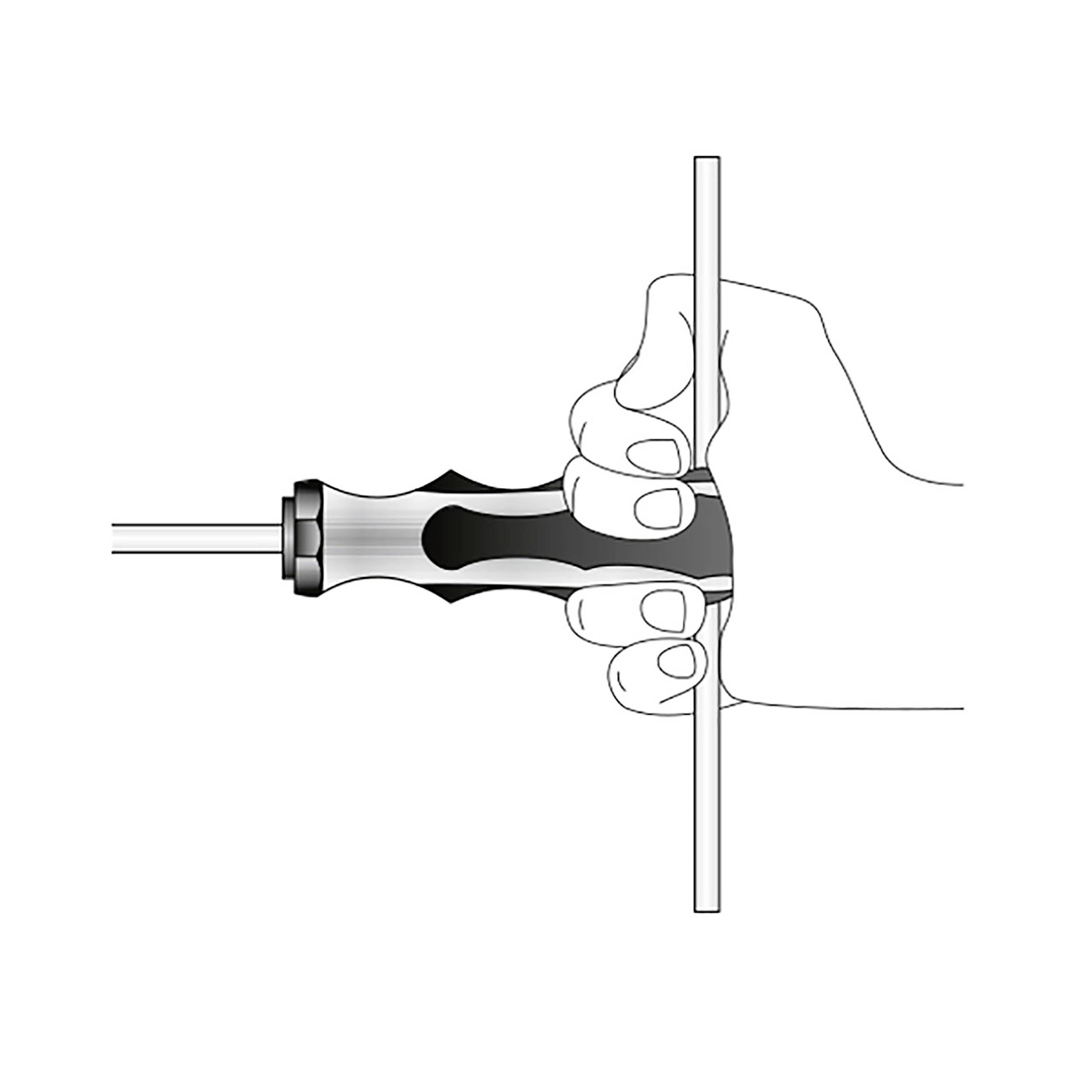 Ręka trzyma śrubokręt poziomo. Rękojeść śrubokrętu jest widocznie trzymana obiema rękami za boki.