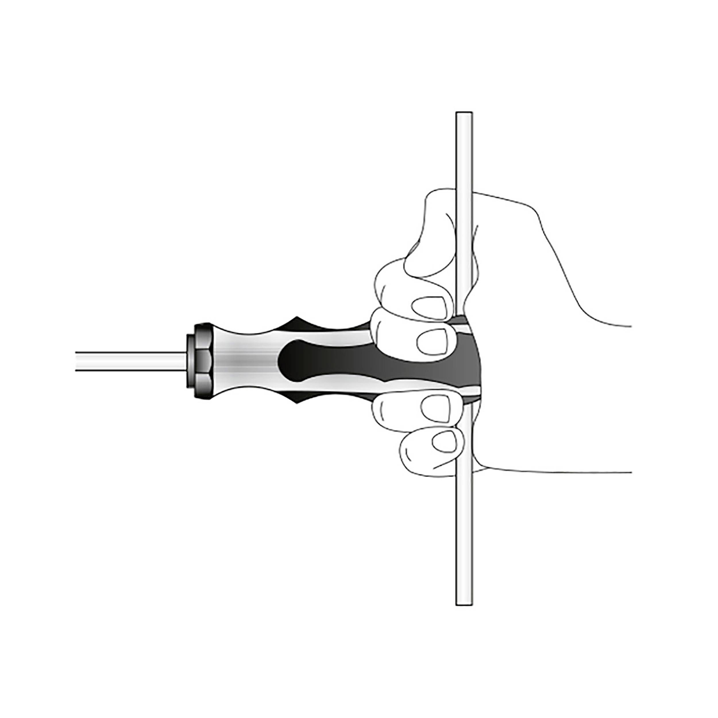 Dłoń trzyma śrubokręt z antypoślizgowym uchwytem i wkręca śrubę w pionowo ustawioną deskę.