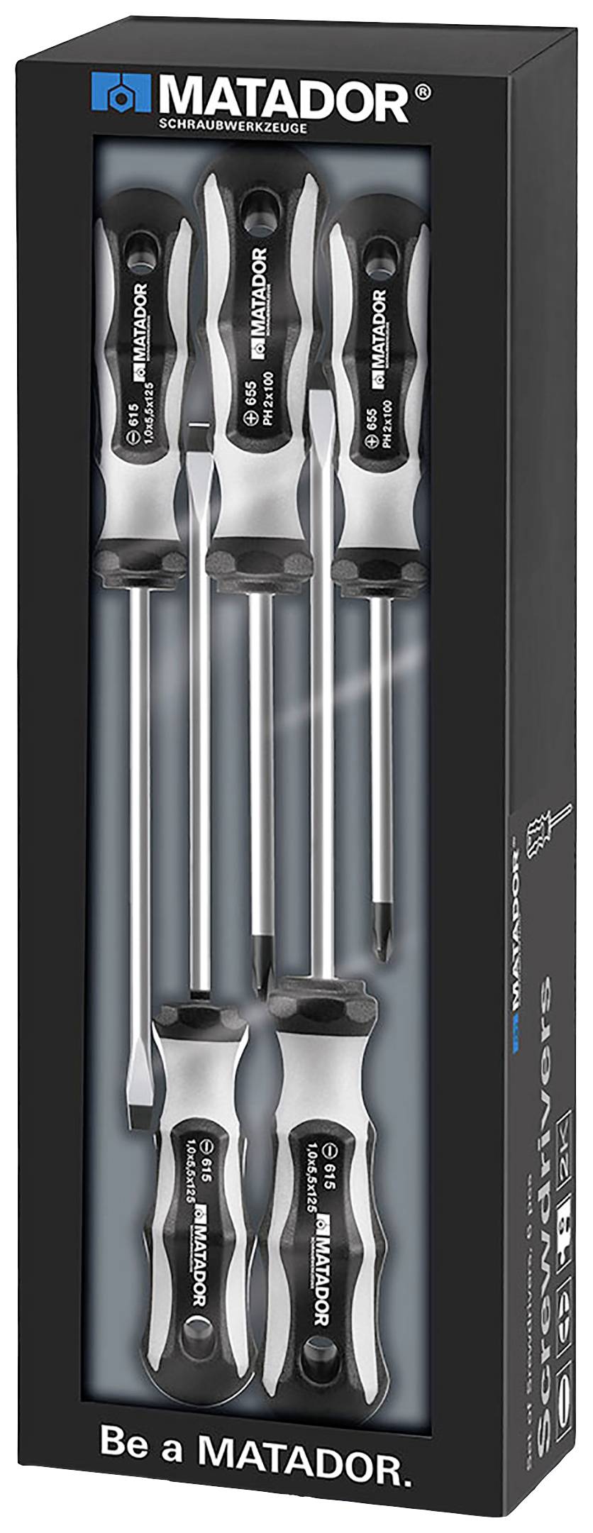 Zestaw sześciu wkrętaków MATADOR z ergonomicznymi uchwytami w czarnym opakowaniu.