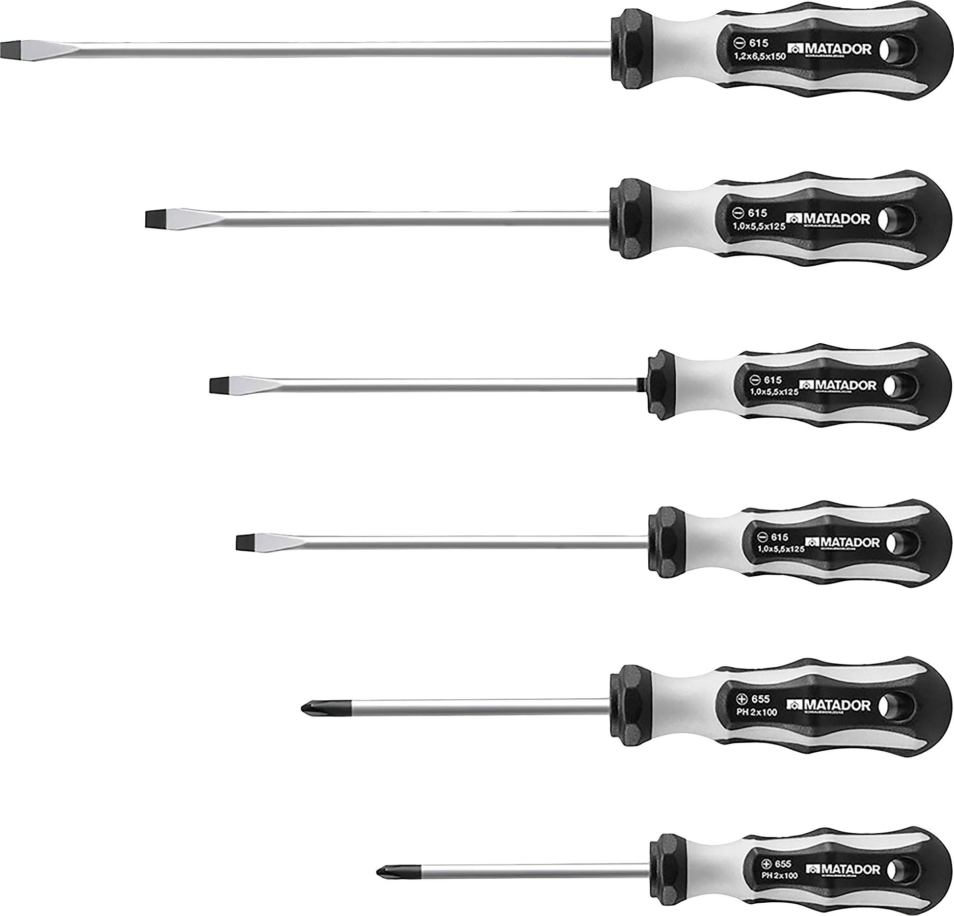 Sześć wkrętaków o różnych rodzajach i rozmiarach ostrzy ułożonych obok siebie.