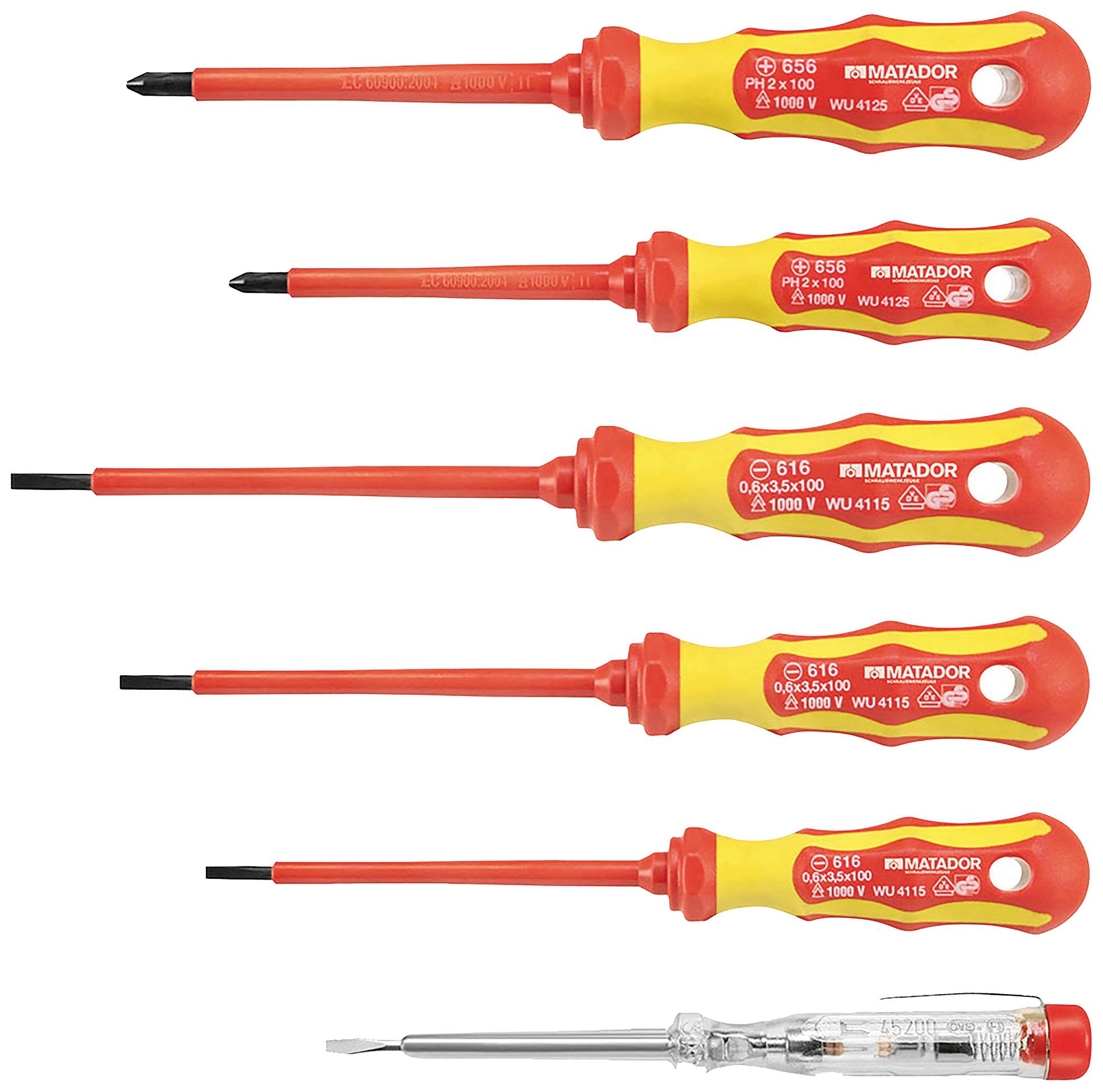 Sześć izolowanych wkrętaków w różnych rozmiarach i kształtach, oznaczonych kolorystycznie czerwonymi i żółtymi uchwytami, marki Matador.