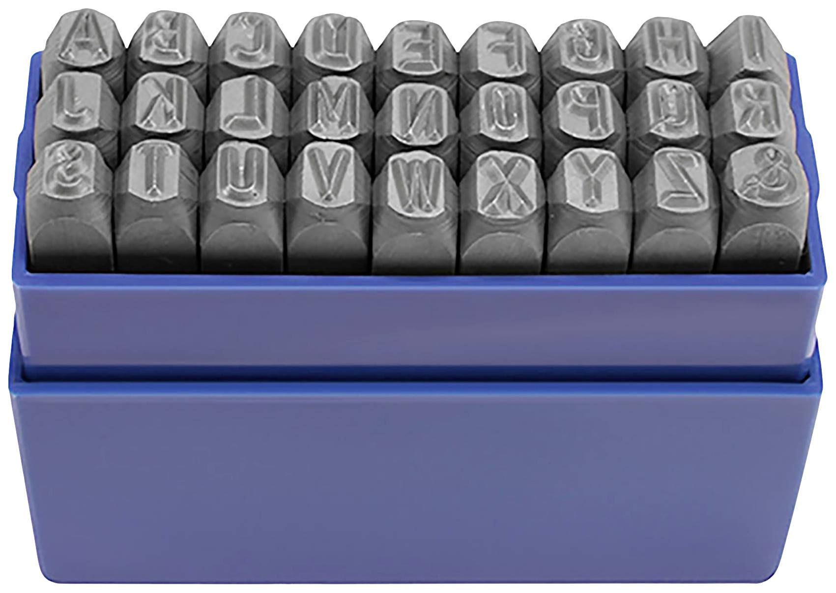Zestaw stempli z wielkimi literami w niebieskim pudełku. Każdy stempel przedstawia literę alfabetu od A do Z oraz znak &.