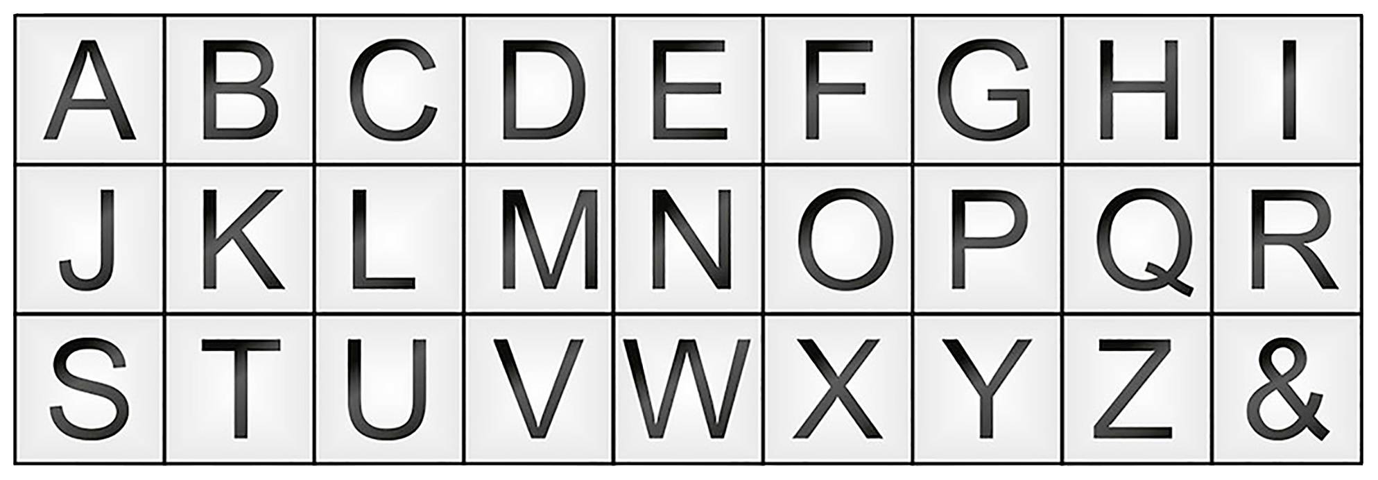 Tabela z literami od A do Z oraz znakiem '&'. Każda komórka zawiera pojedynczą literę lub znak.