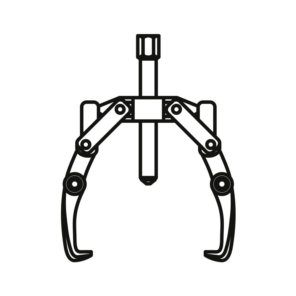 Czarno-biała ilustracja mechanicznego ramienia robotycznego z trzema symetrycznie rozmieszczonymi palcami.