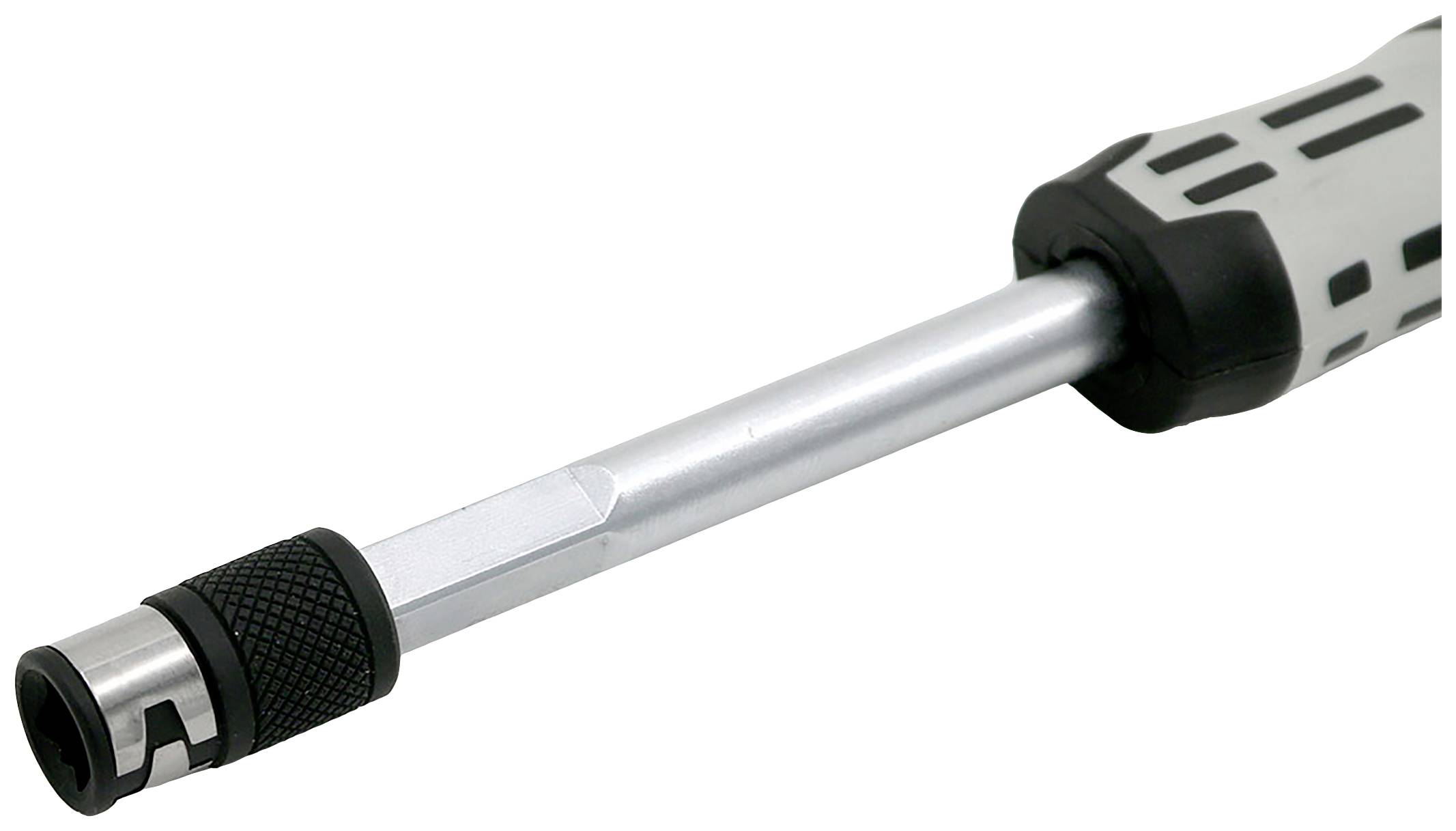 Klucz dynamometryczny z przedłużonym srebrnym trzpieniem i czarną rękojeścią. Stosowany w zastosowaniach mechanicznych.