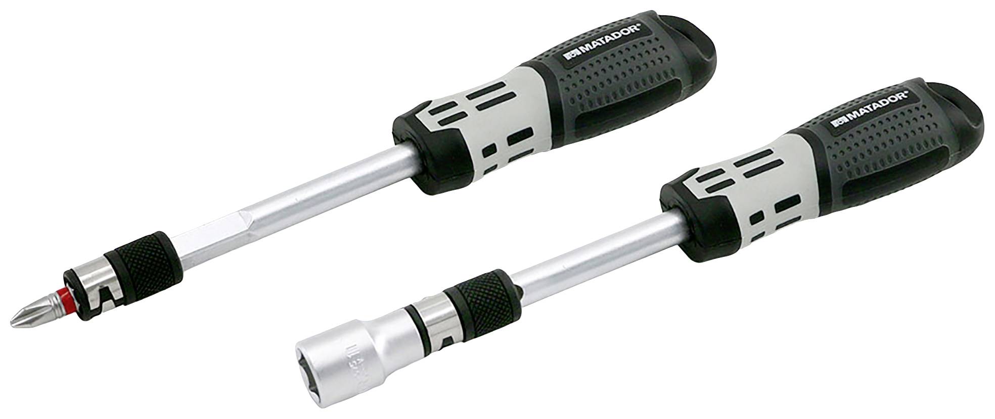 Dwa wielofunkcyjne wkrętaki z ergonomicznymi uchwytami. Jeden posiada końcówkę krzyżakową, drugi wyposażony jest w nasadkę klucza.