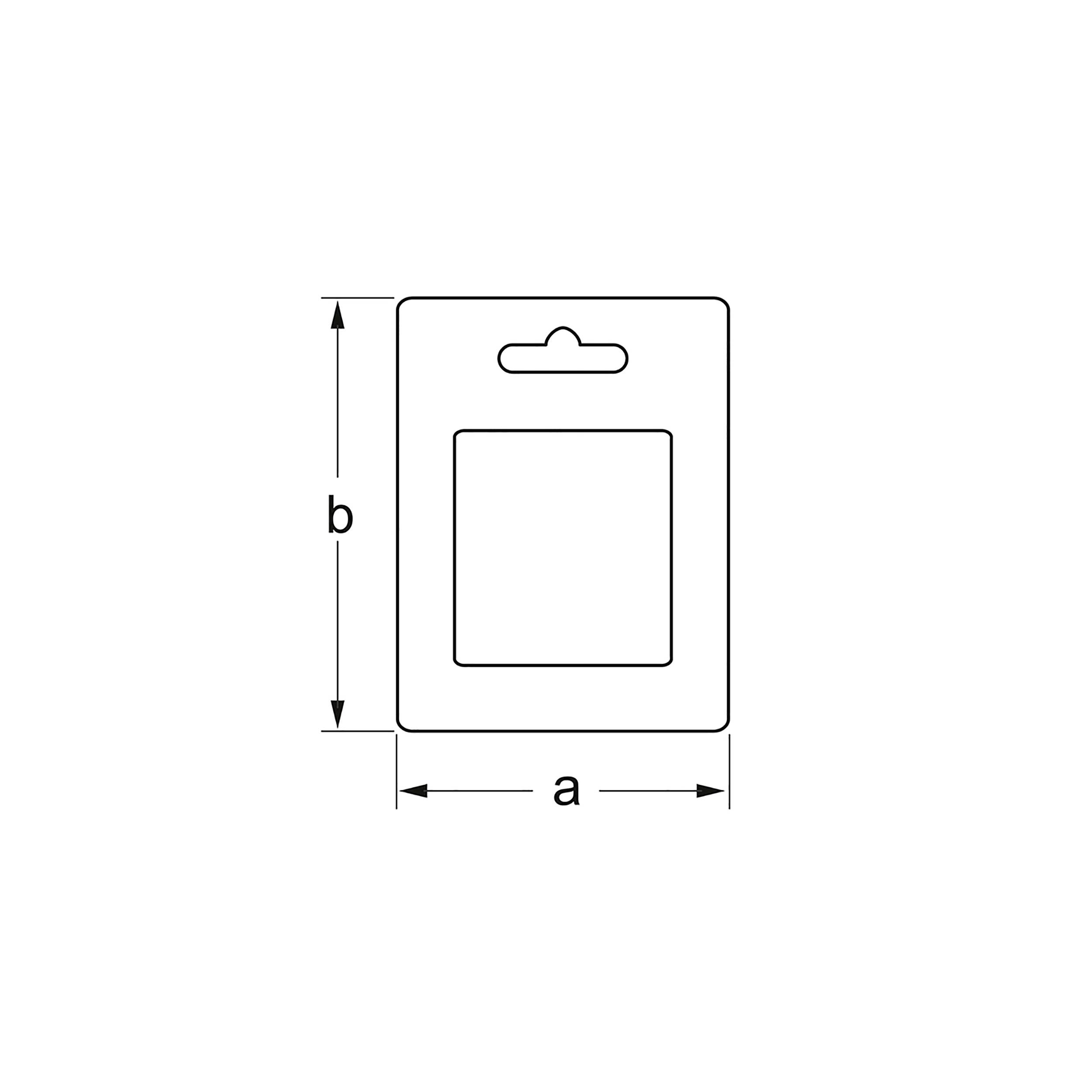 'Szkic prostokątnej naklejki na opakowanie o wymiarach a i b, z otworem do zawieszenia u góry do prezentacji.'