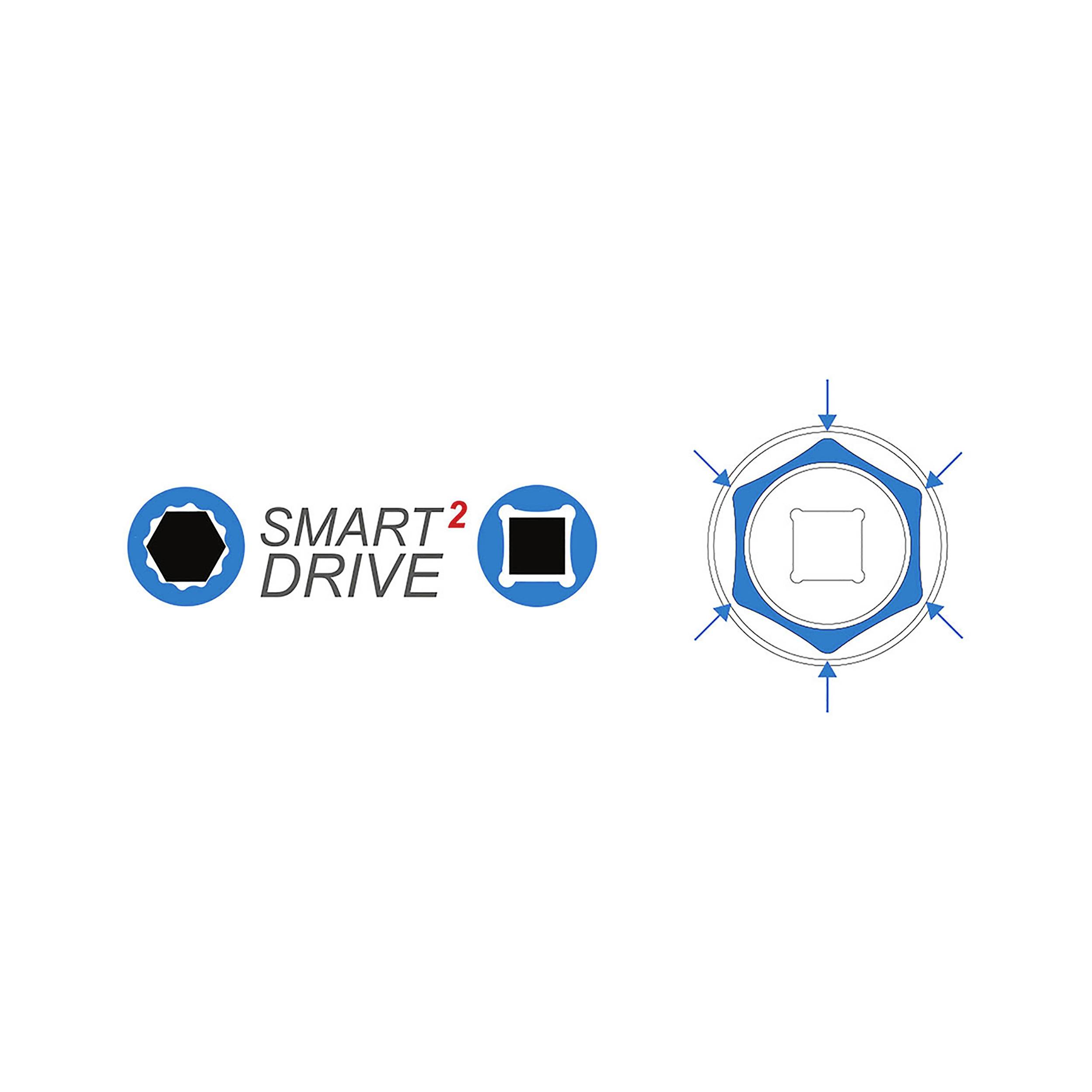 Logo 'SMART DRIVE²' z czarnymi i niebieskimi formami geometrycznymi oraz kwadratowym symbolem ze strzałkami skierowanymi w cztery strony.