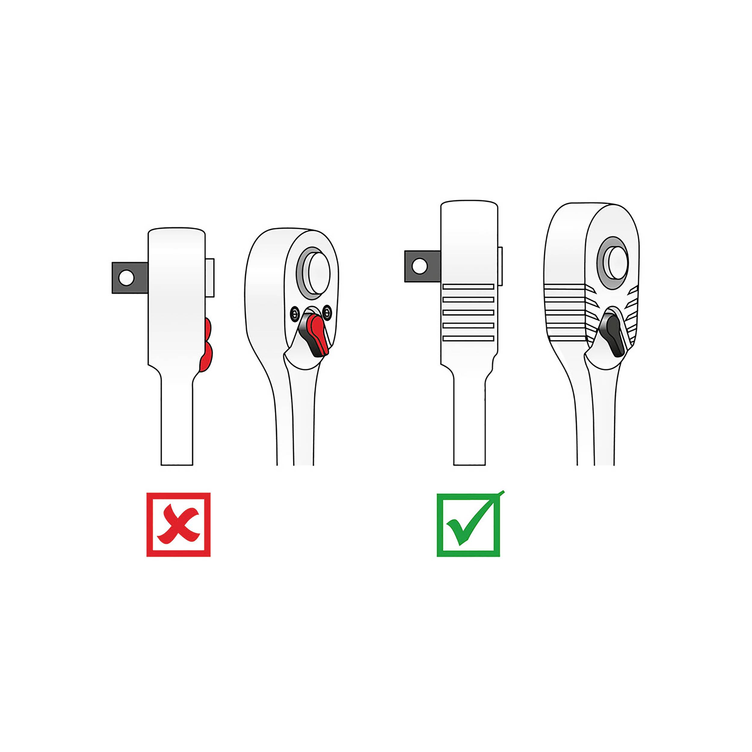 Po lewej stronie pokazano nieprawidłowo zamontowaną końcówkę w głowicy grzechotki z czerwonym krzyżykiem, po prawej stronie - poprawnie zamontowaną z zielonym znacznikiem.