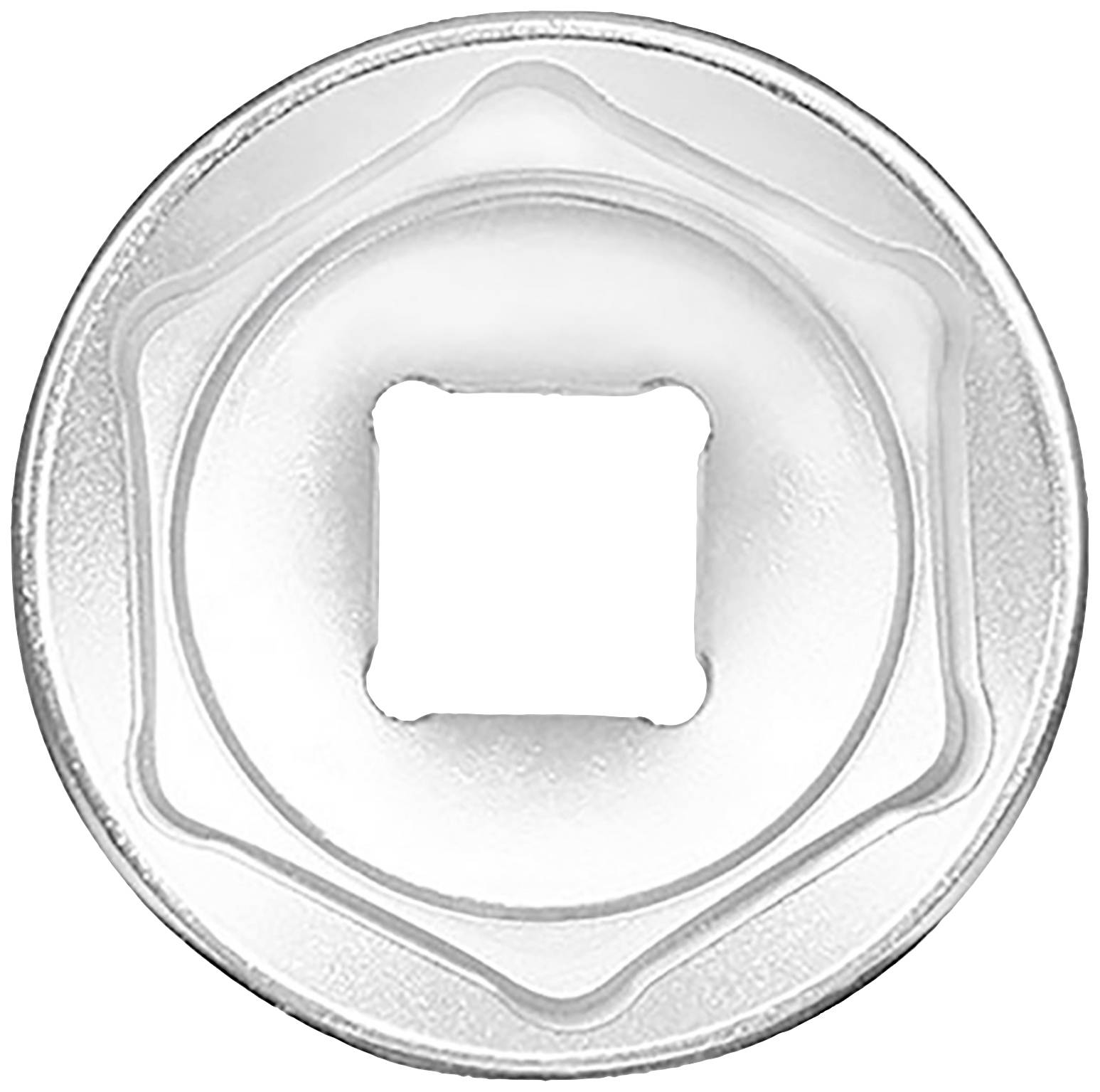 Okrągły metalowy adapter narzędziowy, sześciokątny i kwadratowy wewnątrz, przeznaczony do śrub lub nakrętek w zastosowaniach technicznych.