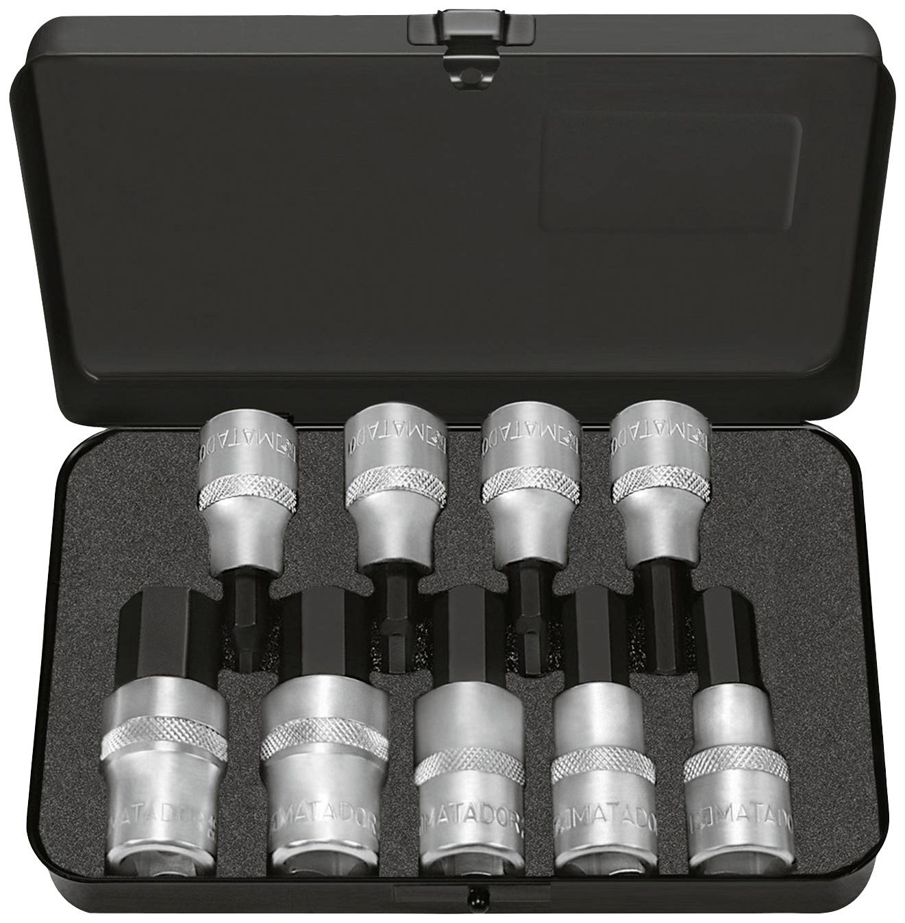 Zestaw dziewięciu wkrętaków w czarnym pudełku. Wkrętaki mają srebrne końcówki i są ułożone w schludnym porządku.