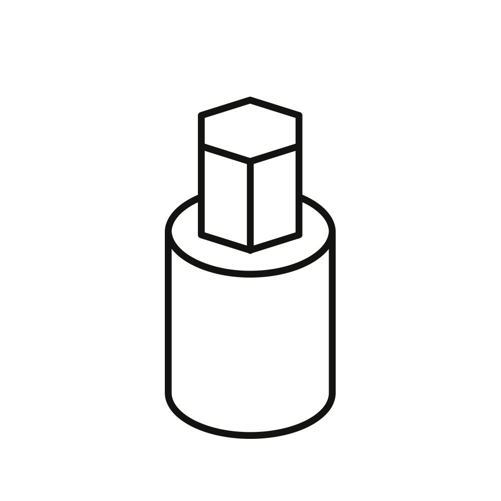 Prosta ikona liniowa przedstawiająca buteleczkę lakieru do paznokci z sześciokątną nakrętką na cylindrycznym pojemniku.