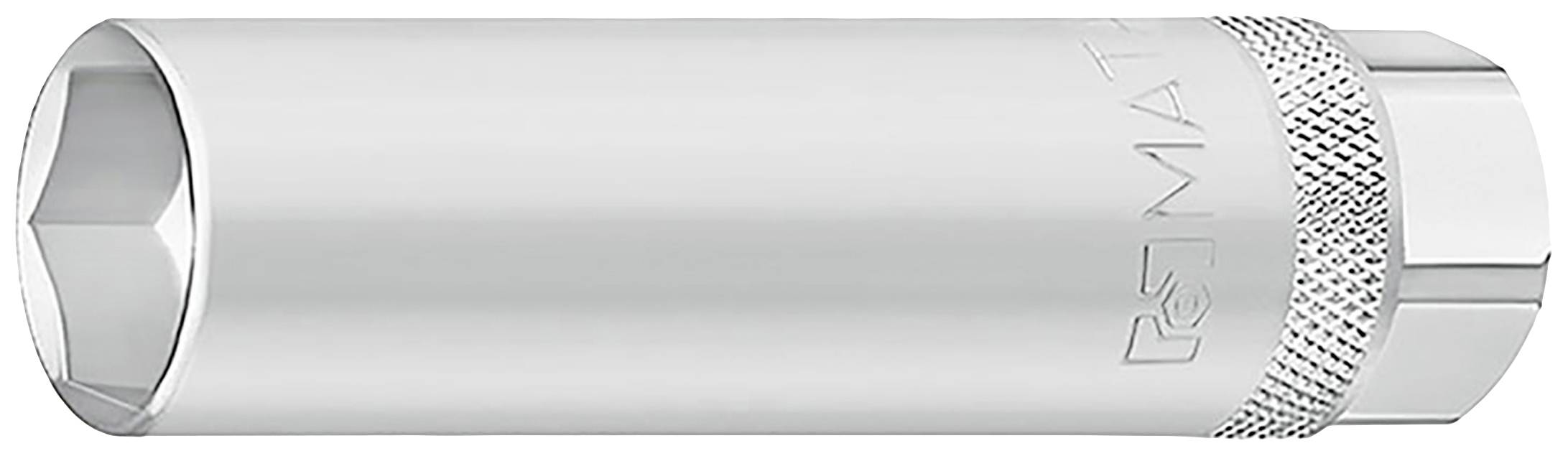 Metalowy klucz nasadowy, cylindryczny, z ryflowaną rękojeścią dla lepszego chwytu, sfotografowany na białym tle.