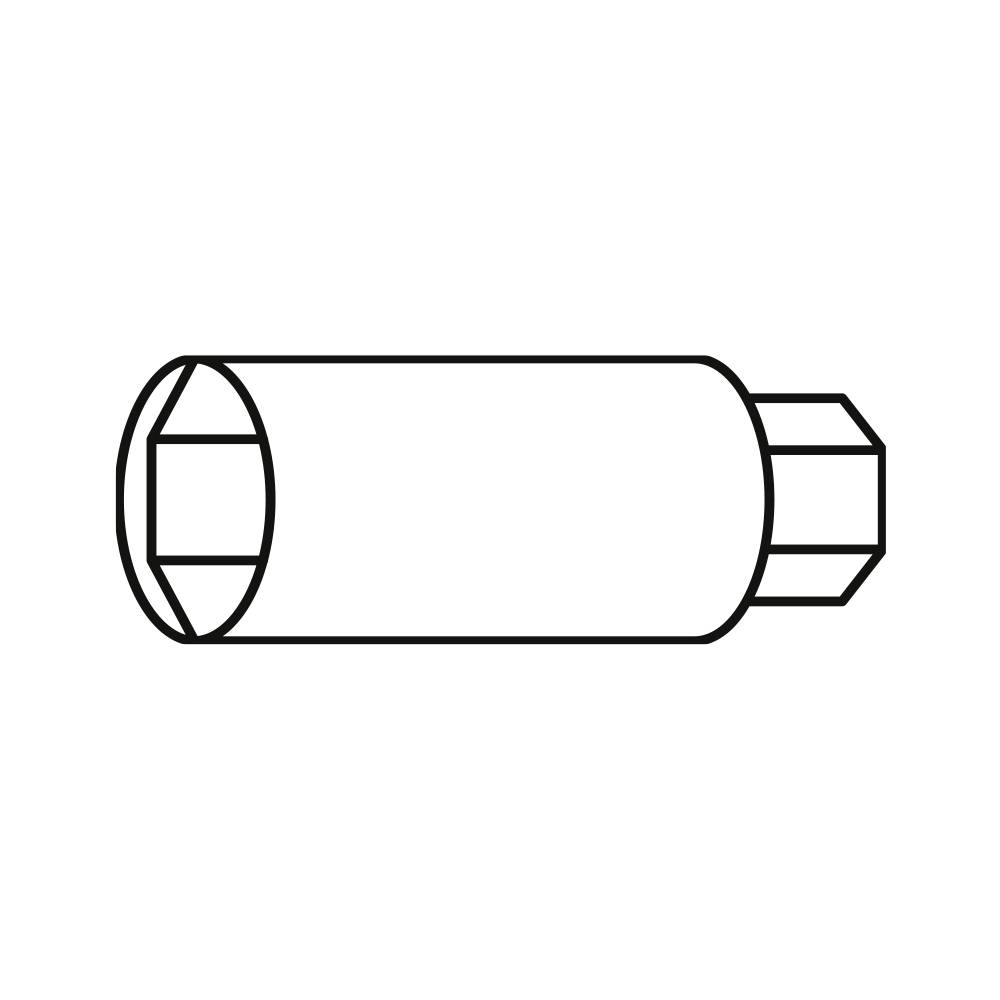Prosta, liniowa ilustracja typowego cylindrycznego amortyzatora z przewężonym końcem na białym tle.