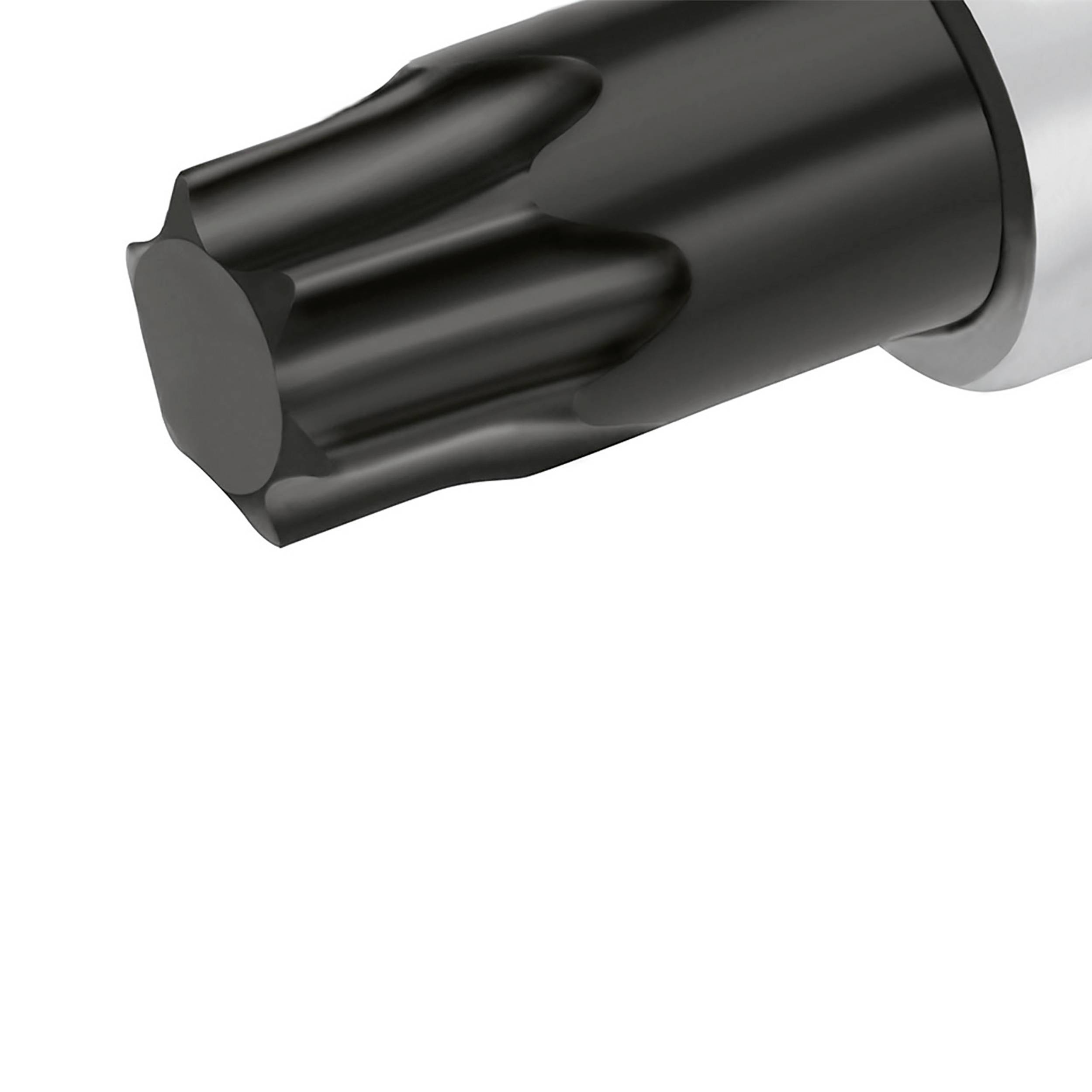 Czarny element mocowany o sześciokątnym kształcie, prawdopodobnie bit lub głowica narzędzia mechanicznego, umieszczony na białym tle.