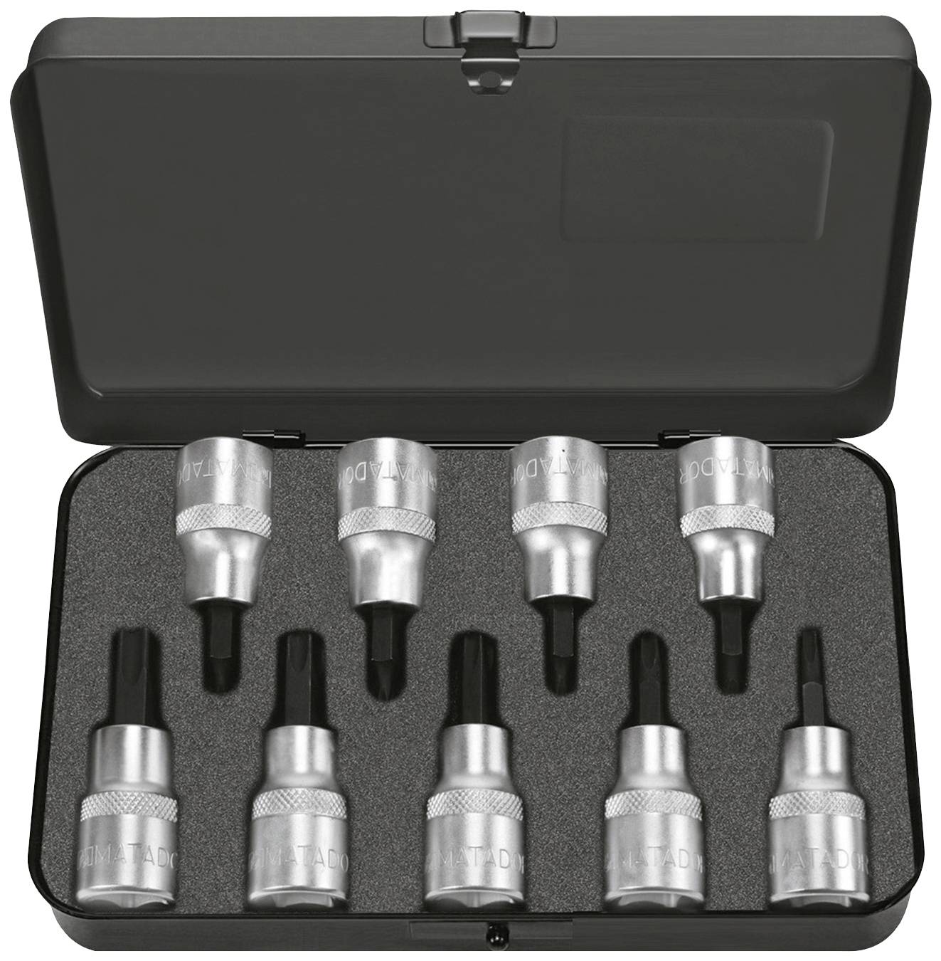 Zestaw dziewięciu czarnych bitów sześciokątnych z gniazdem wewnętrznym w czarnym pudełku z tworzywa sztucznego z wkładką piankową.