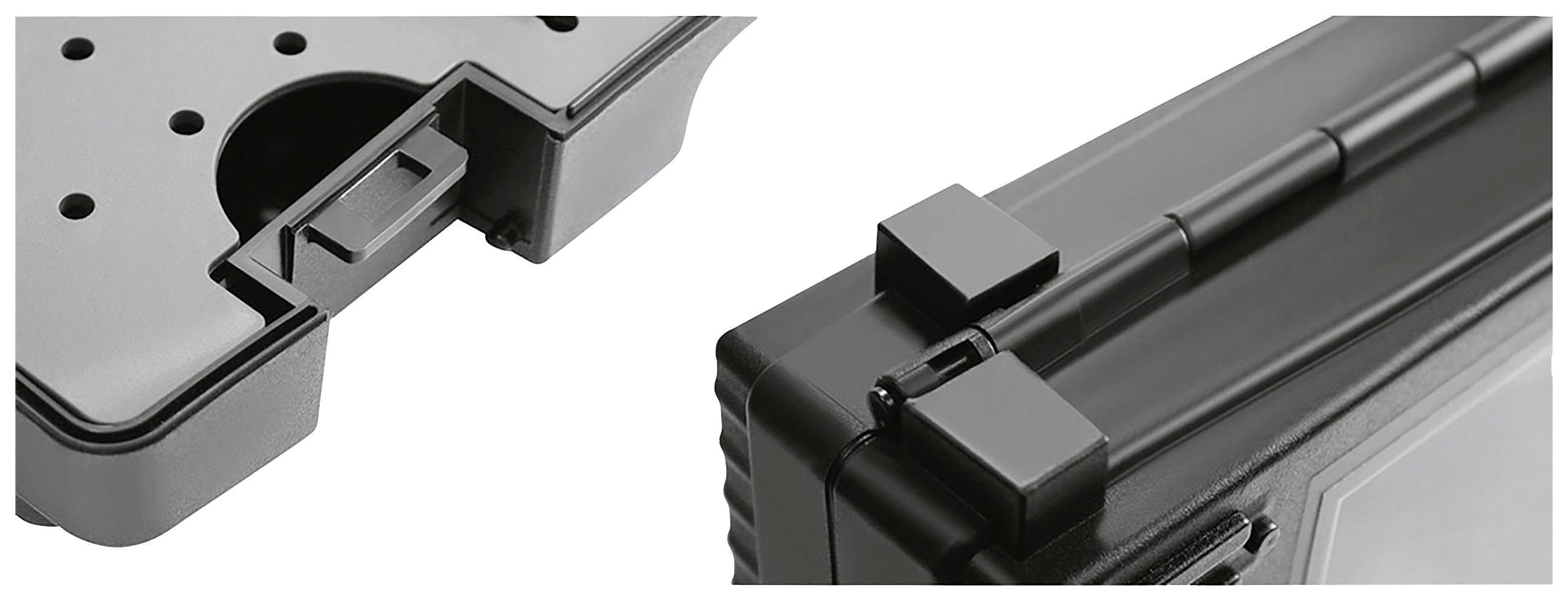 Zbliżenie na dwa czarne, solidne zawiasy walizki, podkreślające jej bezpieczeństwo i wytrzymałość.