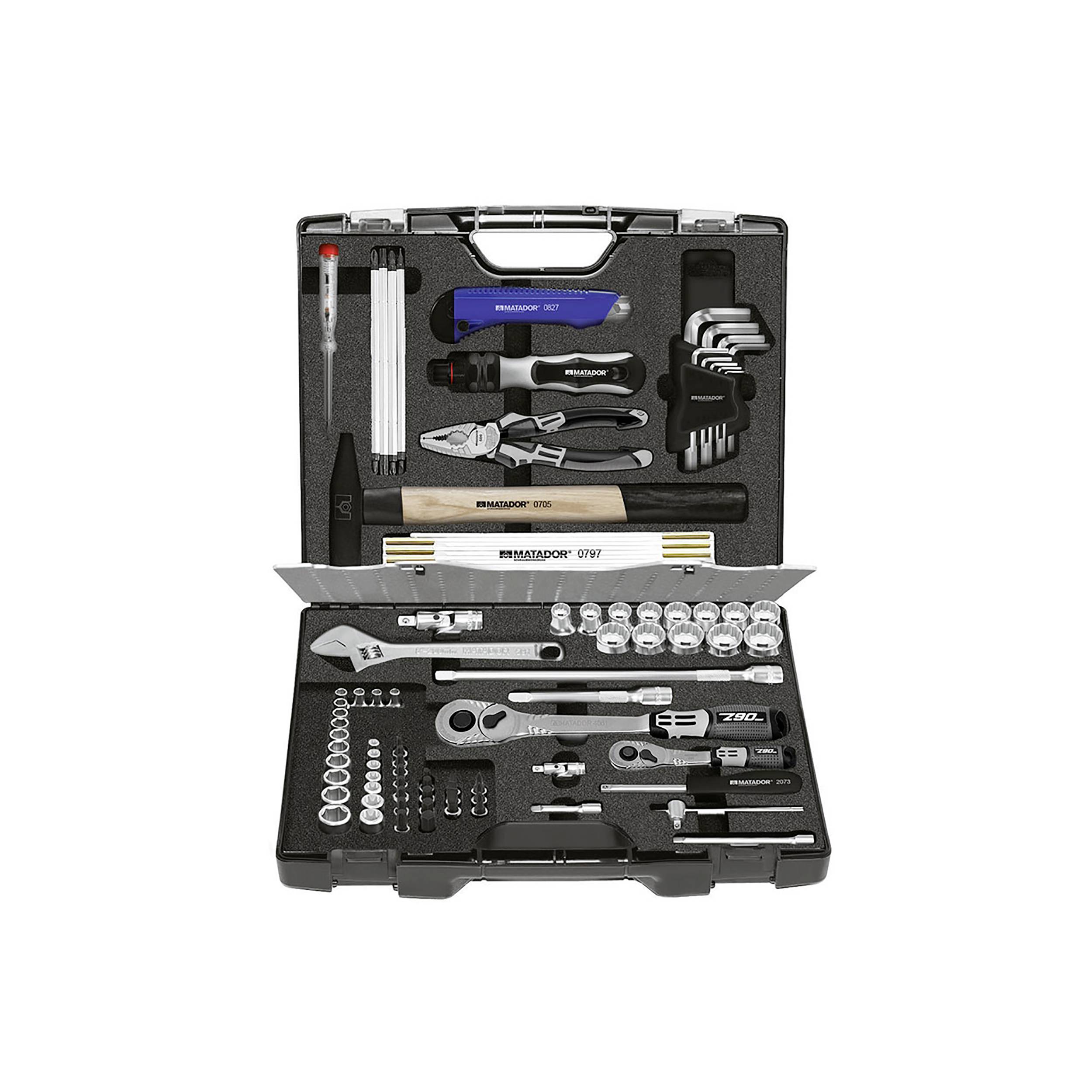 Otwarty kufer narzędziowy z różnymi narzędziami, takimi jak klucze, szczypce i śrubokręty, wszystkie ułożone w schludnym porządku.