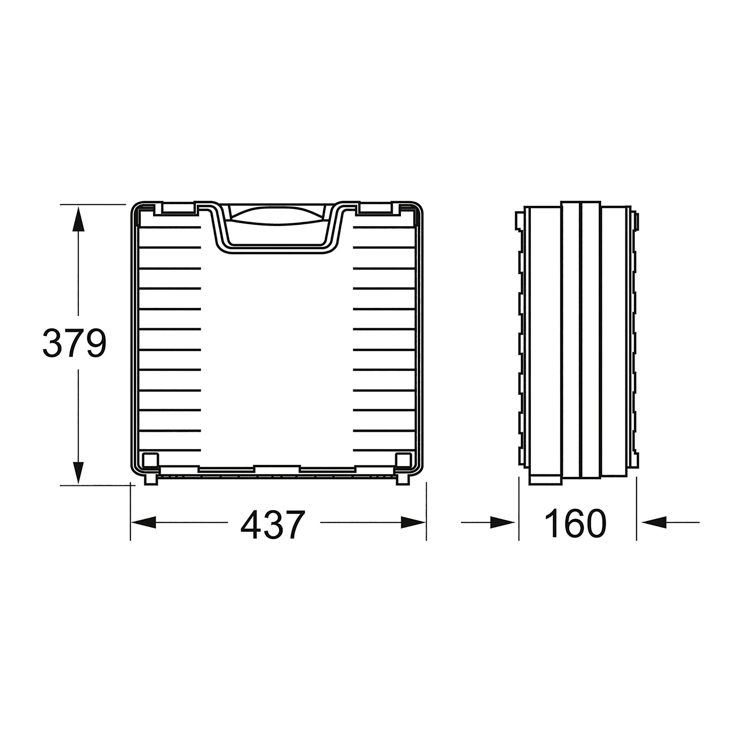 Rysunek techniczny prostokątnego pudełka z wymiarami: wysokość 379 mm, szerokość 437 mm, głębokość 160 mm. Przedstawia widok z przodu i z boku.