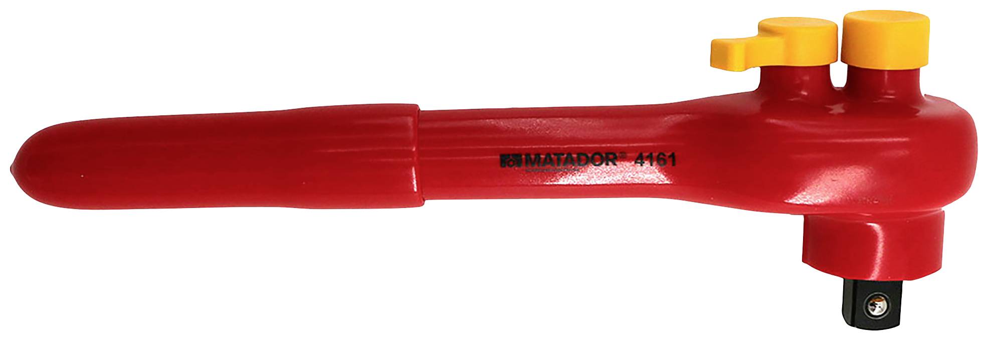 Czerwony klucz dynamometryczny z dwoma żółtymi przyciskami, model 'MATADOR 4161', przeznaczony do dokręcania lub poluzowywania połączeń śrubowych.