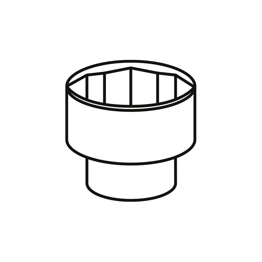 Rysunek techniczny cylindrycznego adaptera z ukośnymi żebrami wewnętrznymi, prawdopodobnie przeznaczonego do prowadzenia powietrza lub cieczy.