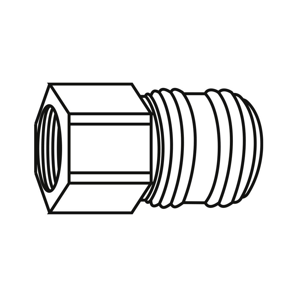 Sześciokątny osprzęt z gwintem, typowy dla połączeń rurowych, wykonany z metalu.