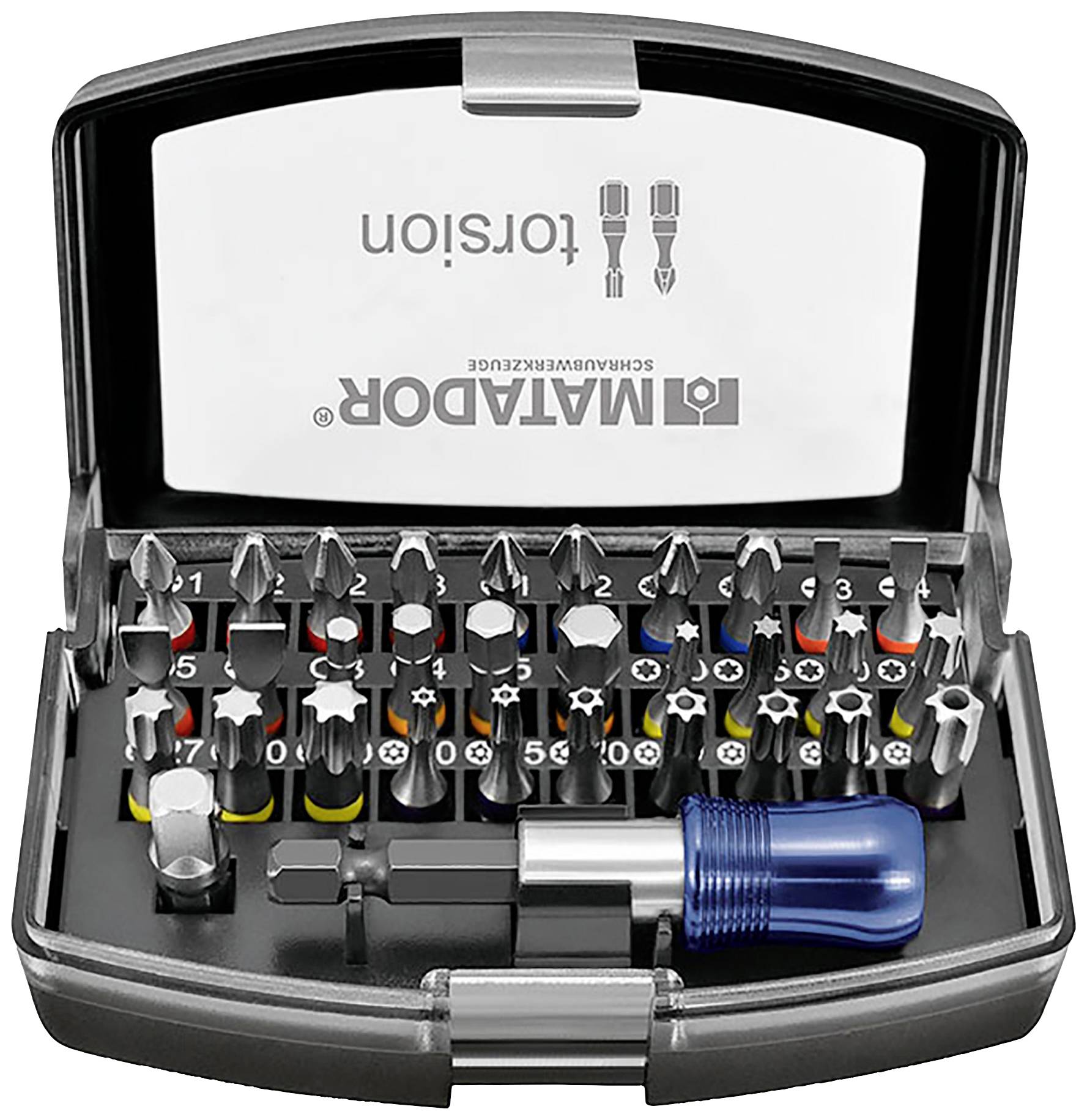 Zestaw wkrętaków z różnymi końcówkami w otwartym pudełku, w tym z niebieskim uchwytem.