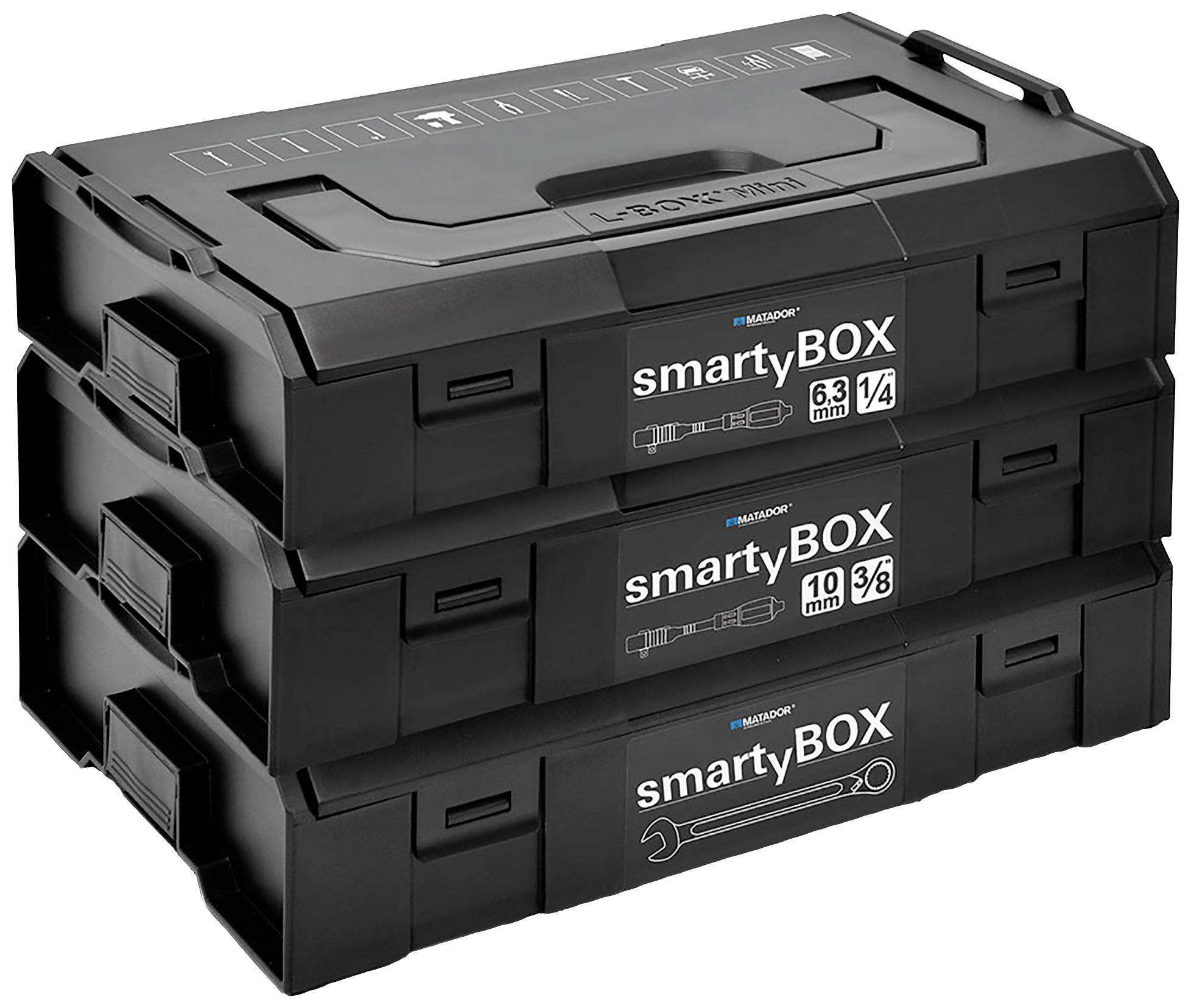 Trzy czarne skrzynki narzędziowe, ułożone w stos, z oznaczeniami 'smartyBOX' o różnych rozmiarach: 6,3 mm, 10 mm.