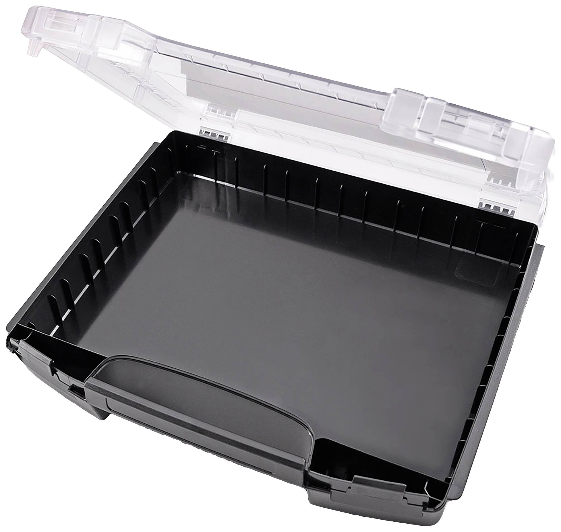 Czarna, pusta plastikowa skrzynka z przezroczystą pokrywą, lekko uchylona. Pojemnik z żłobionym brzegiem, odpowiedni do przechowywania.