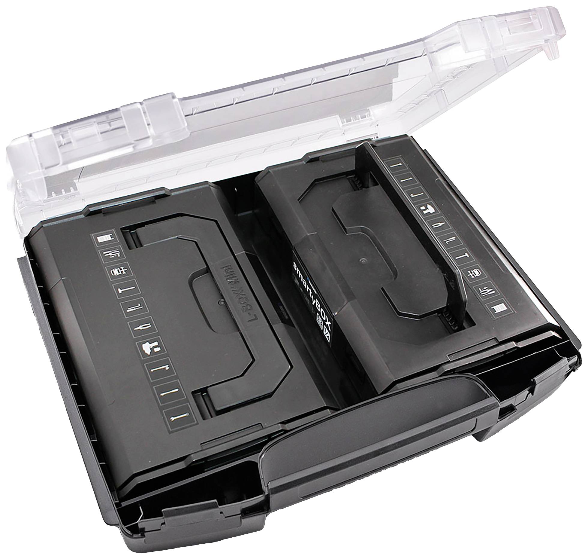 Przezroczysta plastikowa obudowa kasety z dwoma czarnymi kasetami audio w środku.