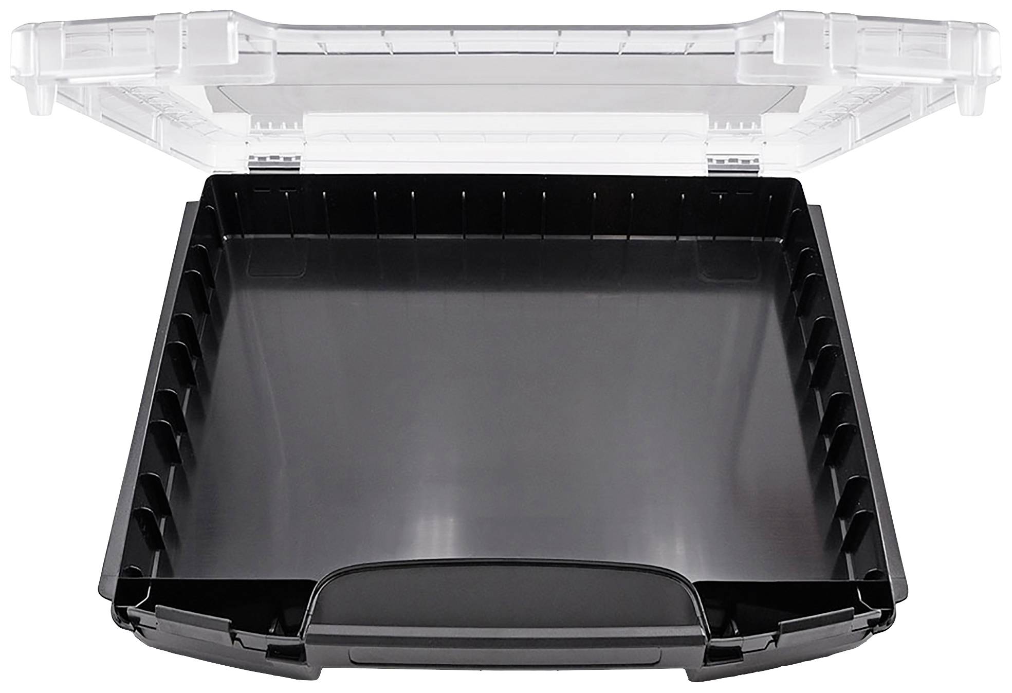 Pusty, czarny pojemnik z tworzywa sztucznego z przezroczystą pokrywką, otwarty i odchylony do góry; nadający się do przechowywania.