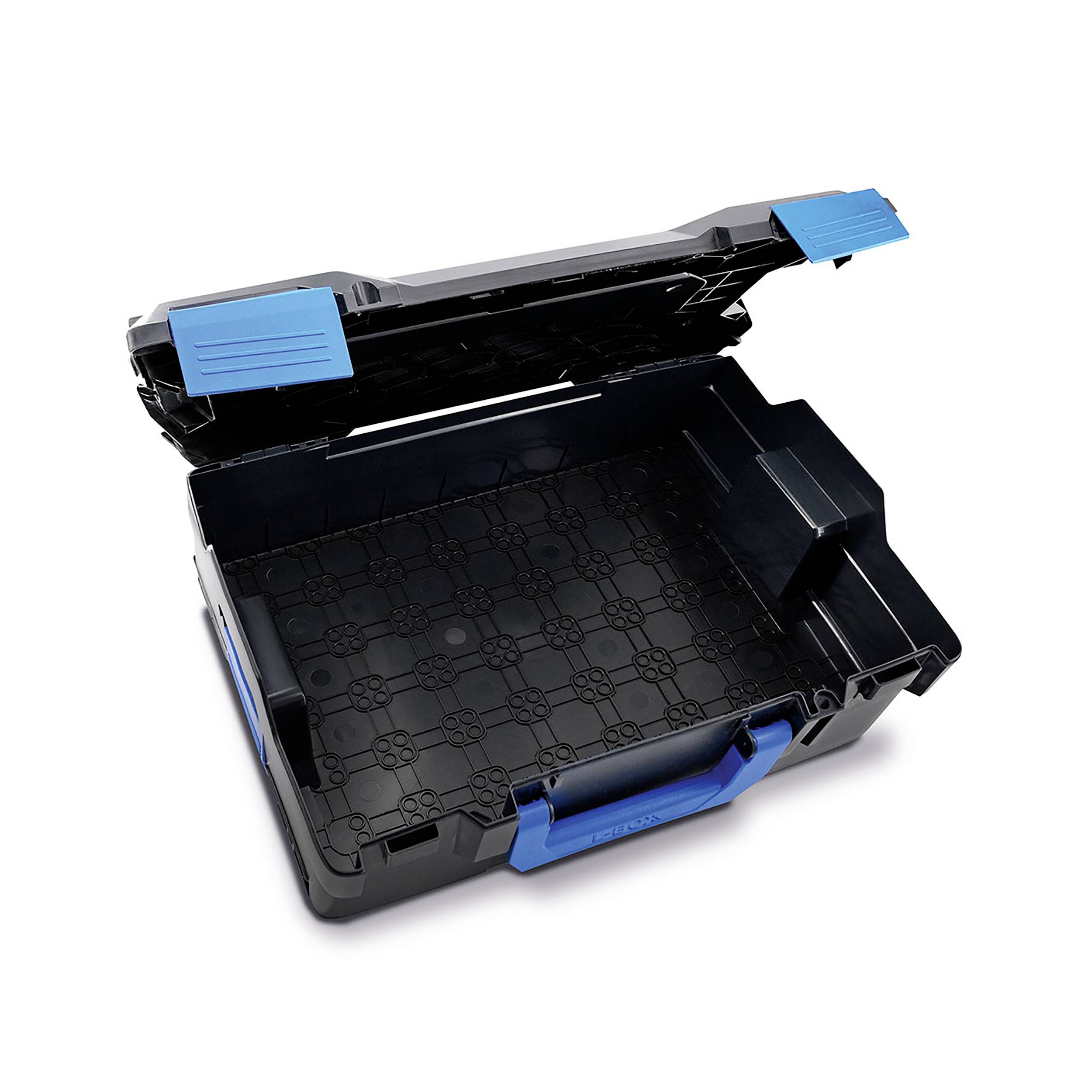 Otwarty, pusty czarny kufer narzędziowy z niebieskimi uchwytami i zamkami.