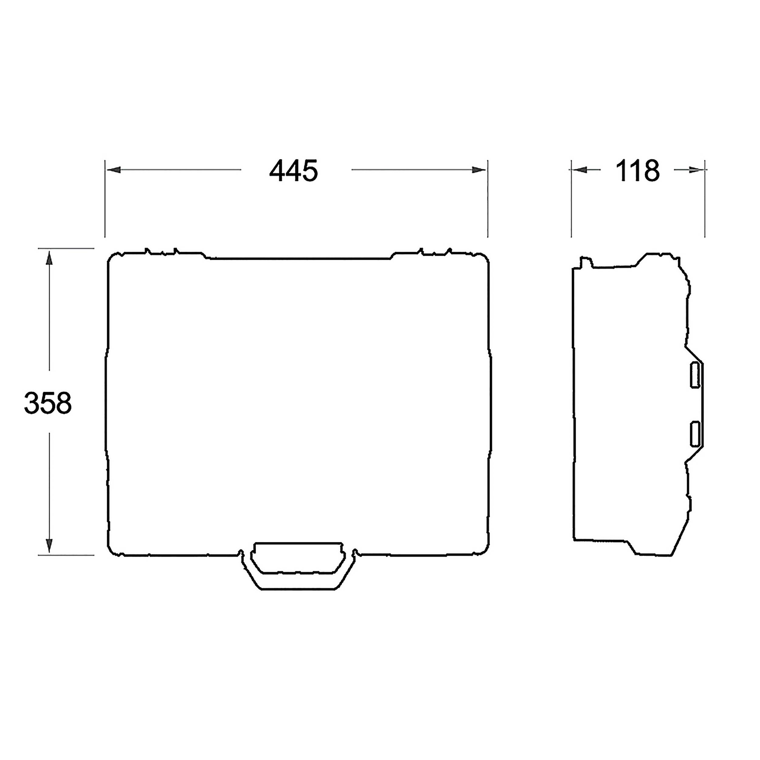 Rysunek przedstawia wymiary prostokątnego obiektu z uchwytem: szerokość 445 mm, wysokość 358 mm, głębokość 118 mm.