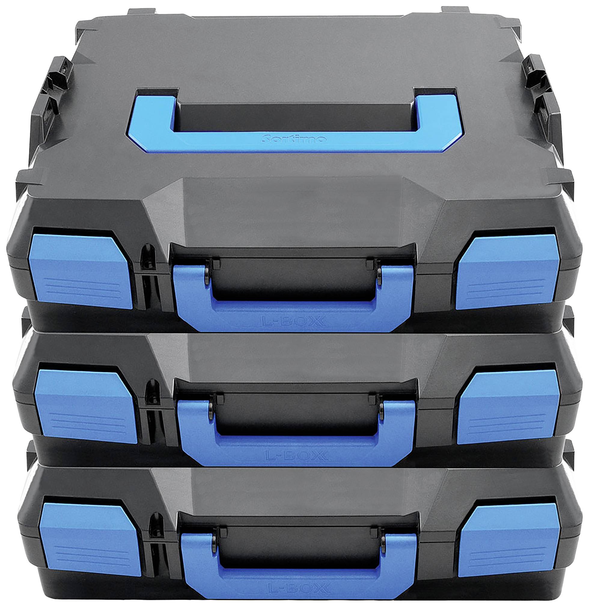 Trzy czarne walizki na narzędzia z możliwością układania w stos, wyposażone w niebieskie uchwyty i zamki.