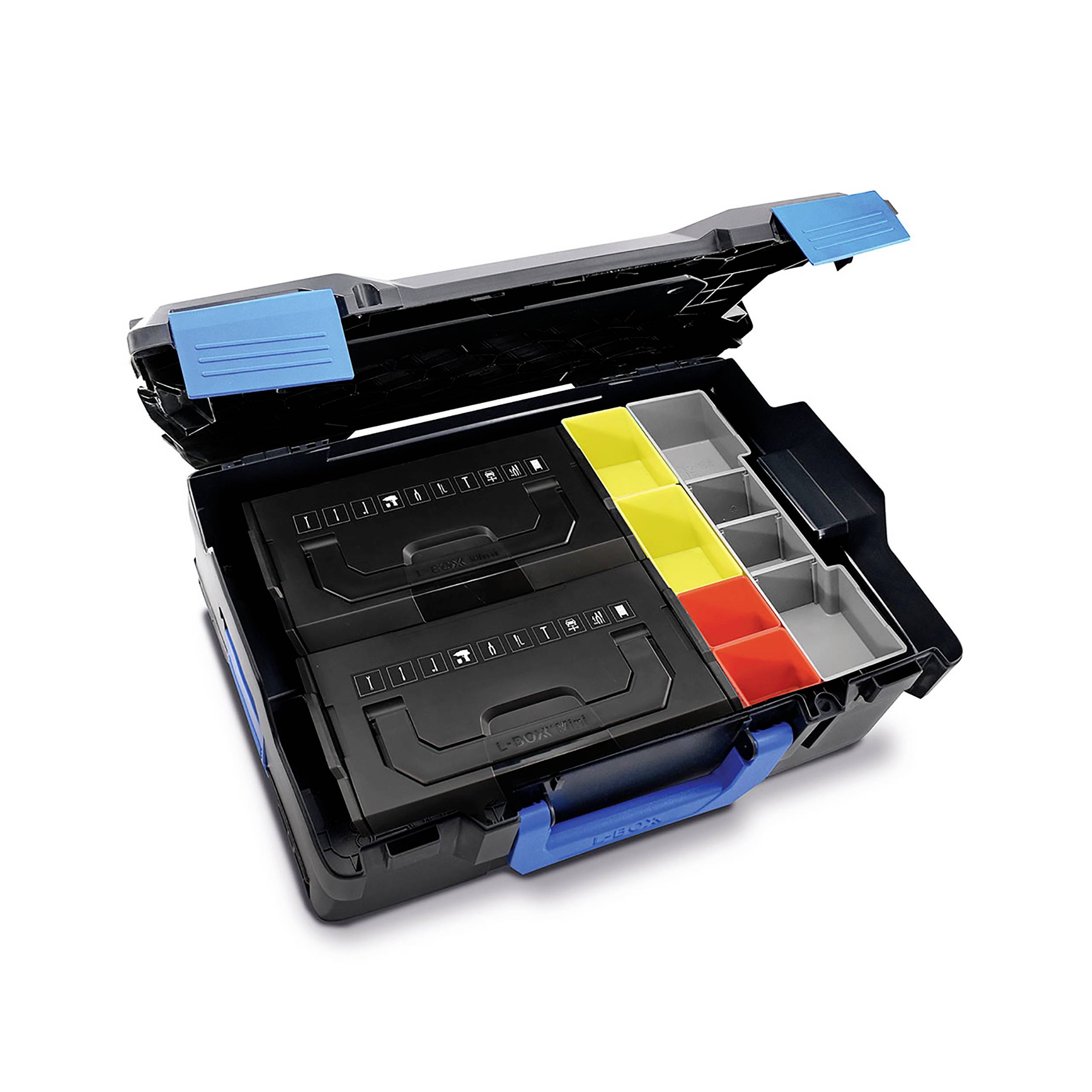 Otwarty przybornik z wieloma przegródkami. Zawiera czarne pojemniki z zawiasami oraz żółte i czerwone wkładki.