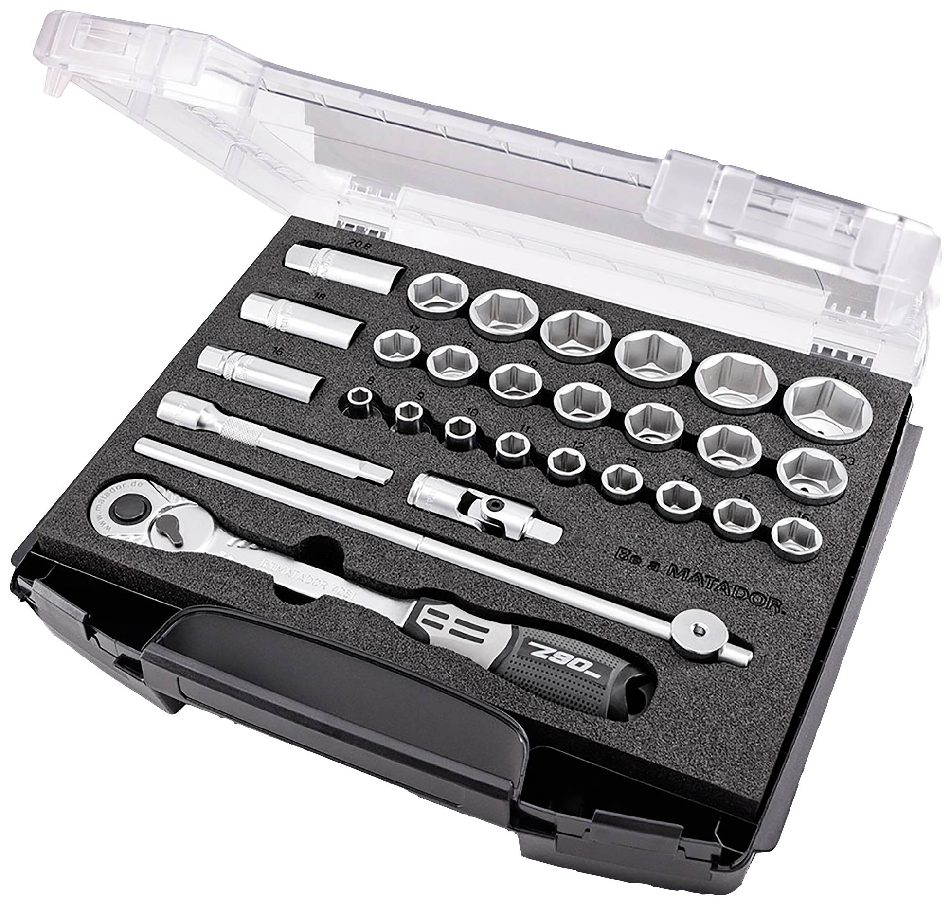 Zestaw kluczy nasadowych w plastikowej walizce z grzechotką, przedłużkami i różnymi rozmiarami nasadek, ułożony w schludny sposób.