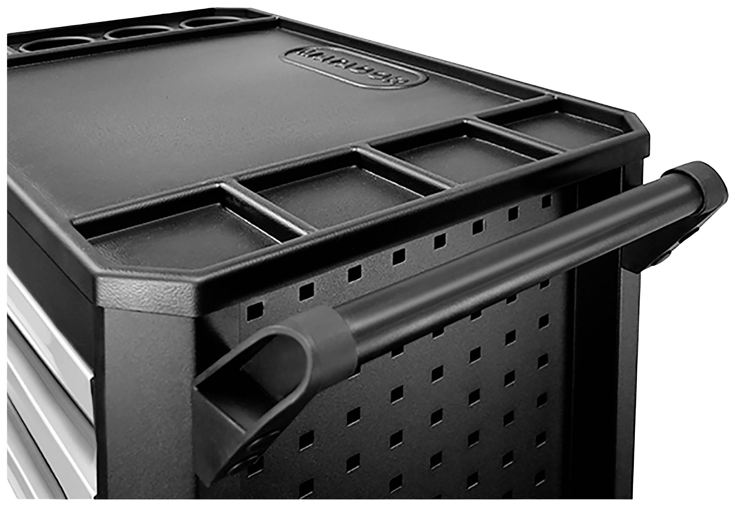 Czarny wózek narzędziowy z wieloma przegródkami i uchwytem z boku, idealny do przechowywania i organizacji narzędzi.