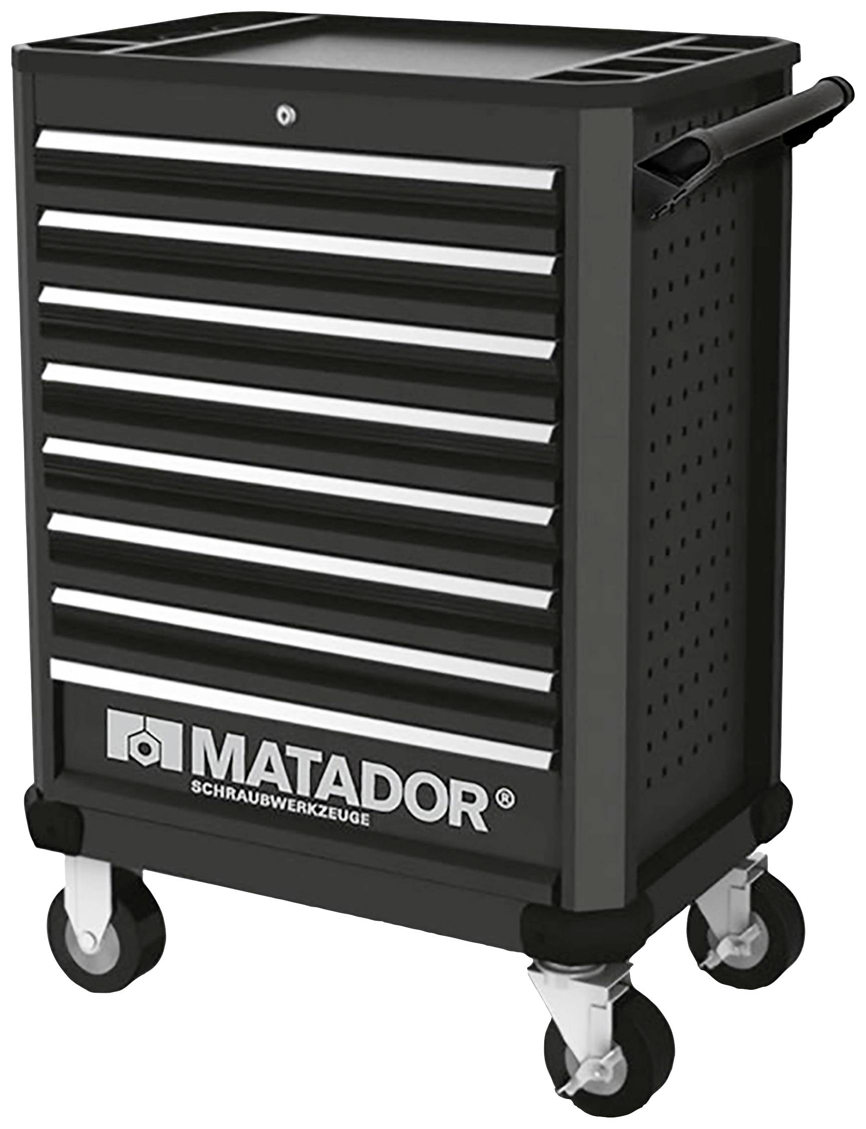 Wózek warsztatowy z ośmioma szufladami i kółkami; marka 'Matador'; przydatne miejsce do przechowywania narzędzi w warsztacie.