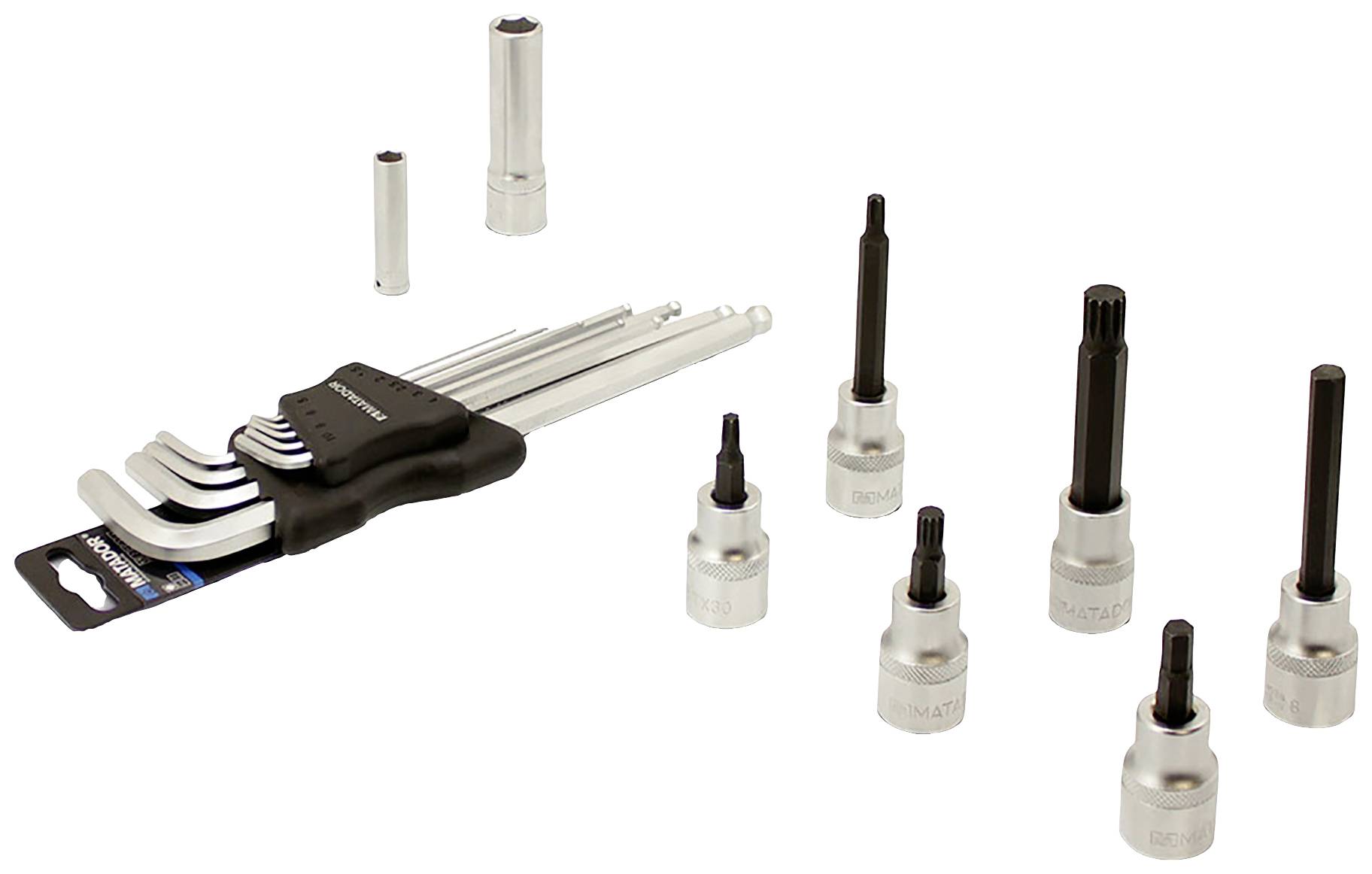 Zestaw kluczy nasadowych z wieloma bitami oraz komplet kluczy imbusowych w różnych rozmiarach na białym tle.