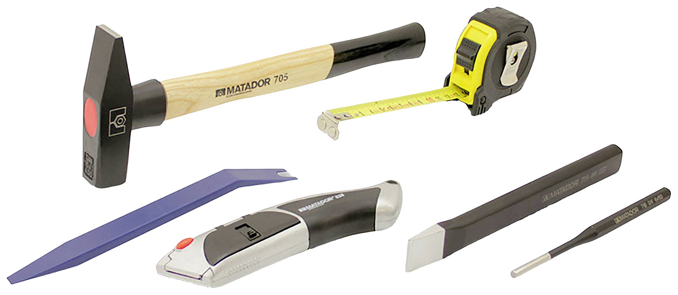 Młotek, miarka, dłuto, nóż do cięcia i narzędzie dźwigniowe leżą obok siebie na białej powierzchni.