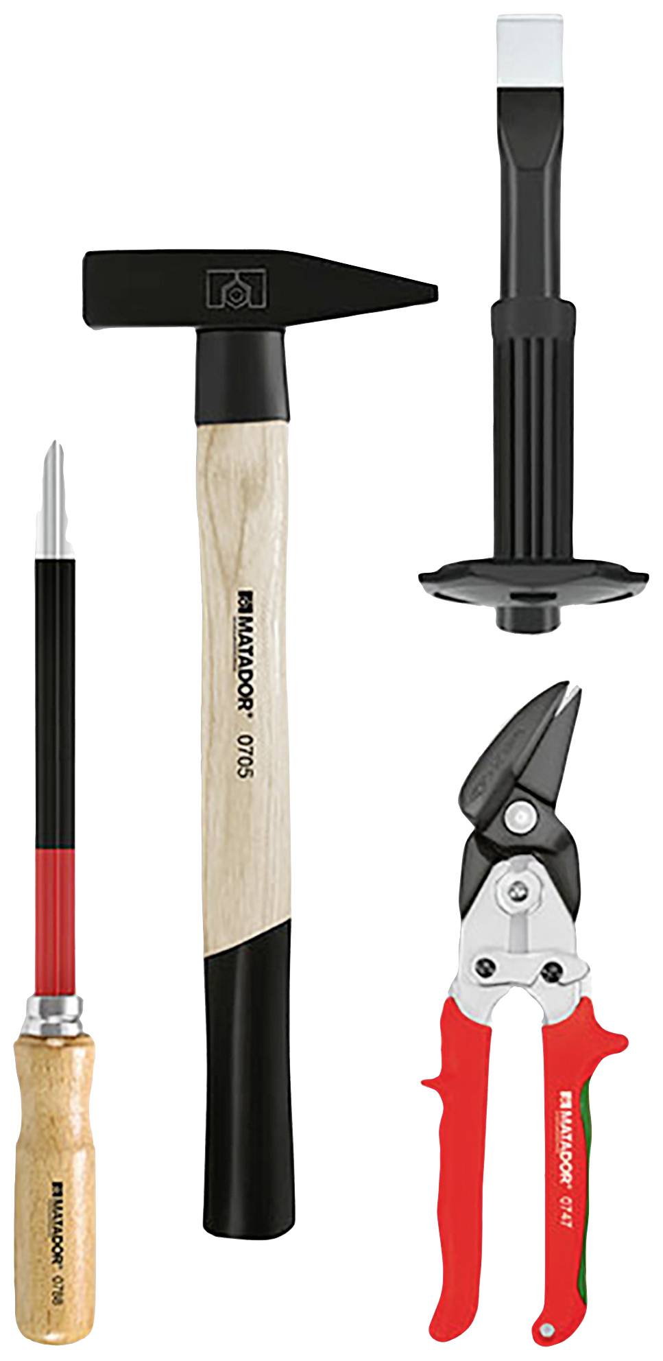 Cztery narzędzia: młotek z drewnianą rączką, dłuto, śrubokręt oraz czerwone szczypce metalowe, ułożone w pionie.
