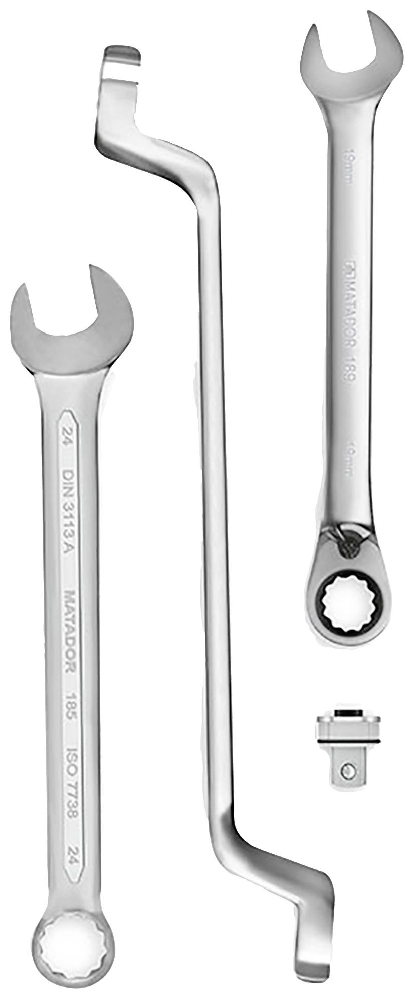 'Trzy klucze metalowe, dwa z otwartymi końcówkami, jeden z końcówką pierścieniową, oraz mały adapter.'