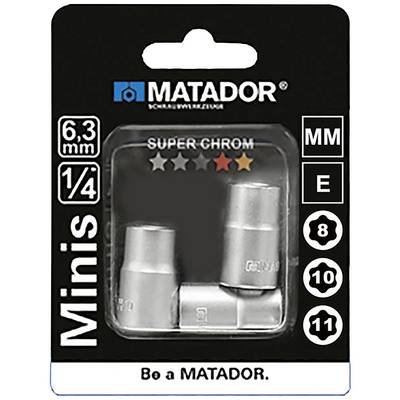 Opakowanie kluczy nasadowych Matador Mini. Rozmiar: 6,3 mm (1/4 cala), SUPER CHROM, rozmiary: 8, 10, 11 mm. Hasło: 'Bądź MATADOREM.'