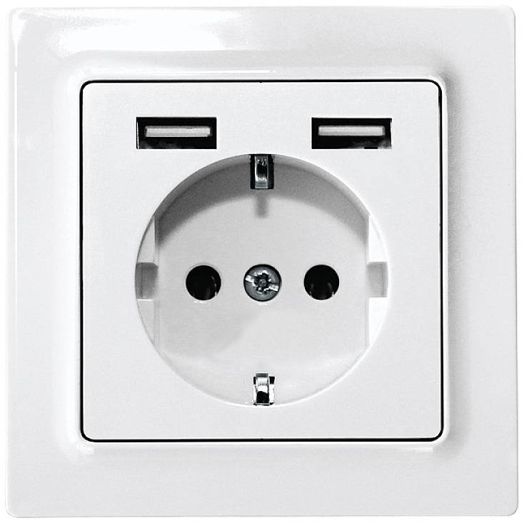 Biała wtyczka elektryczna z dwoma gniazdami USB zamontowana w ścianie.